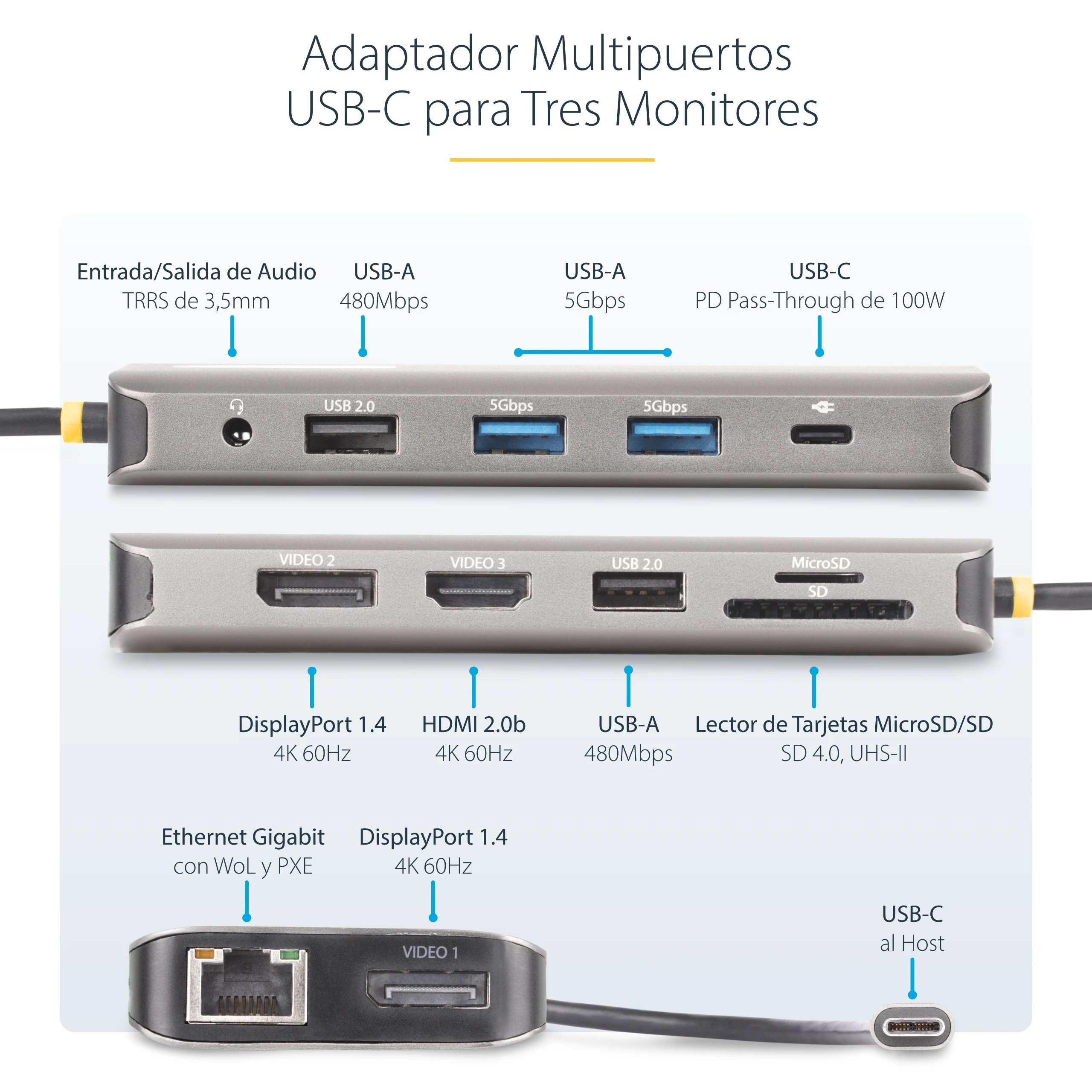 HUB Switch puertos 12 en 1 (conexión host: USB Tipo C) StarTech 154B-USBC-MULTIPORT  | Gris