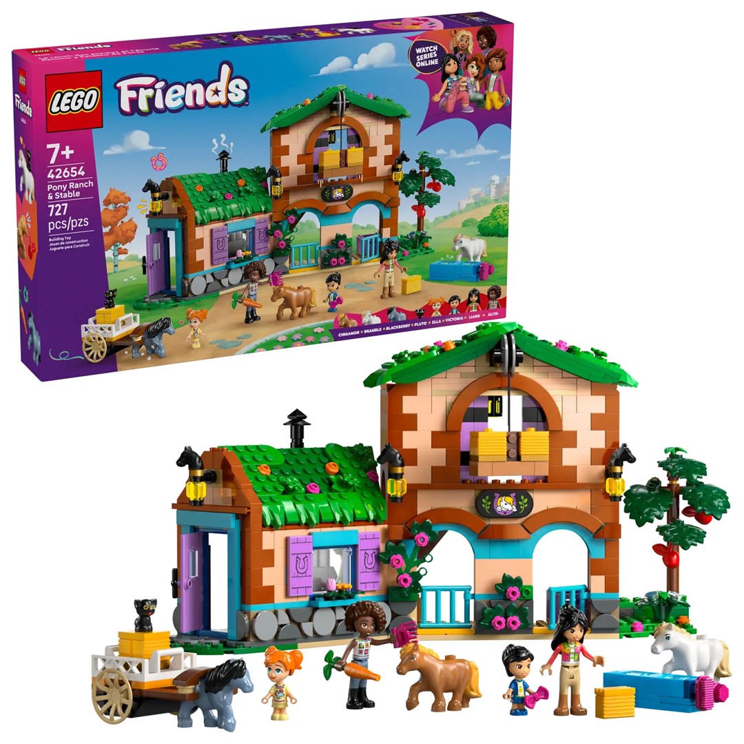 LEGO Friends Rancho y Establo de Ponis de Juguete - 3 Figuras de Caballos, 4 Mini Muñecas, Gato y Accesorios Inc. Zanahoria - Regalo para Niñas de 7+ Años 42654