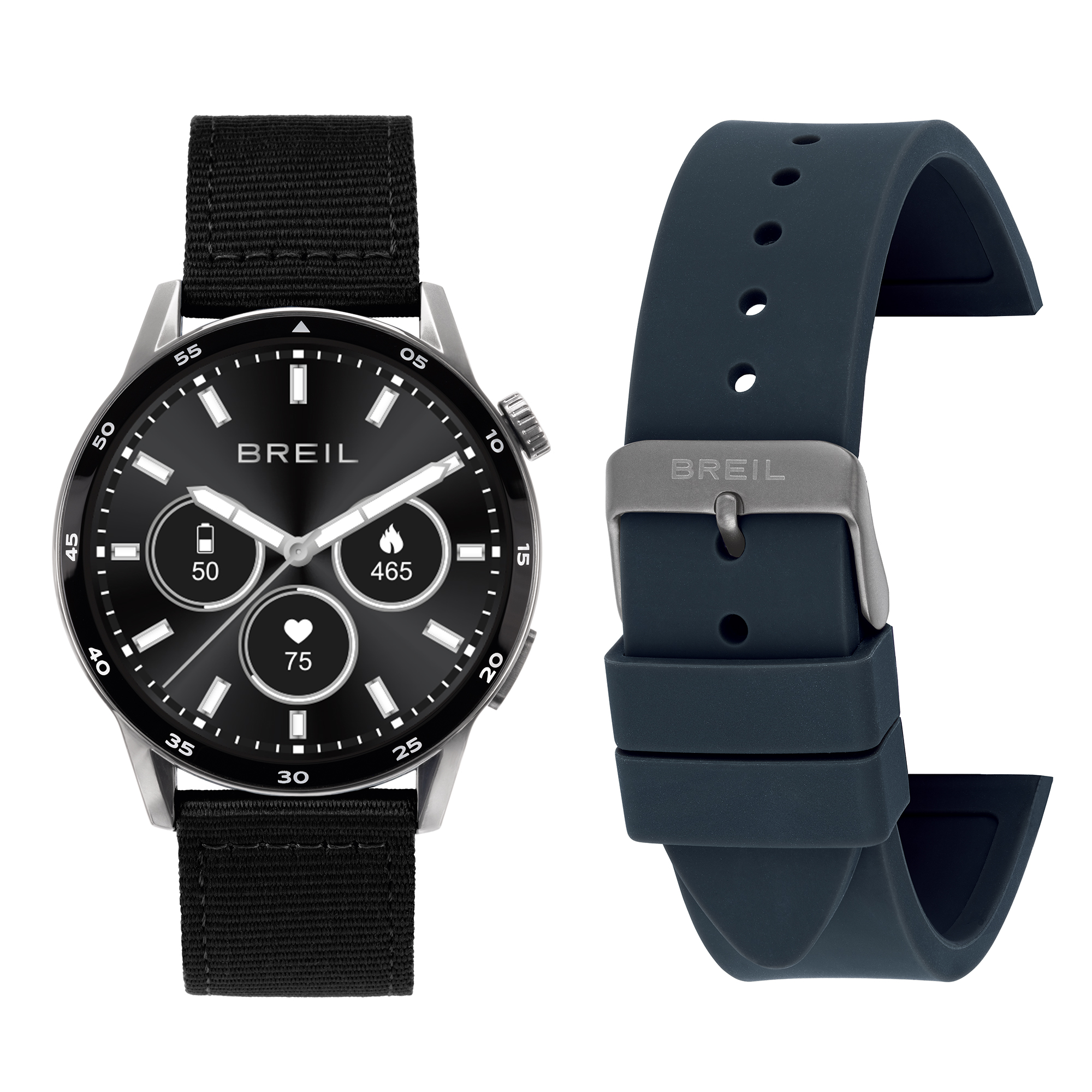 Reloj BREIL TW2095 MAN BC-2 Exfera NEGRA MONOCHROMÁTICA movimiento SMARTWATCH SMARTMODULE y CORREA DE SILICONA WITH TELA AZUL Y NEGRA
