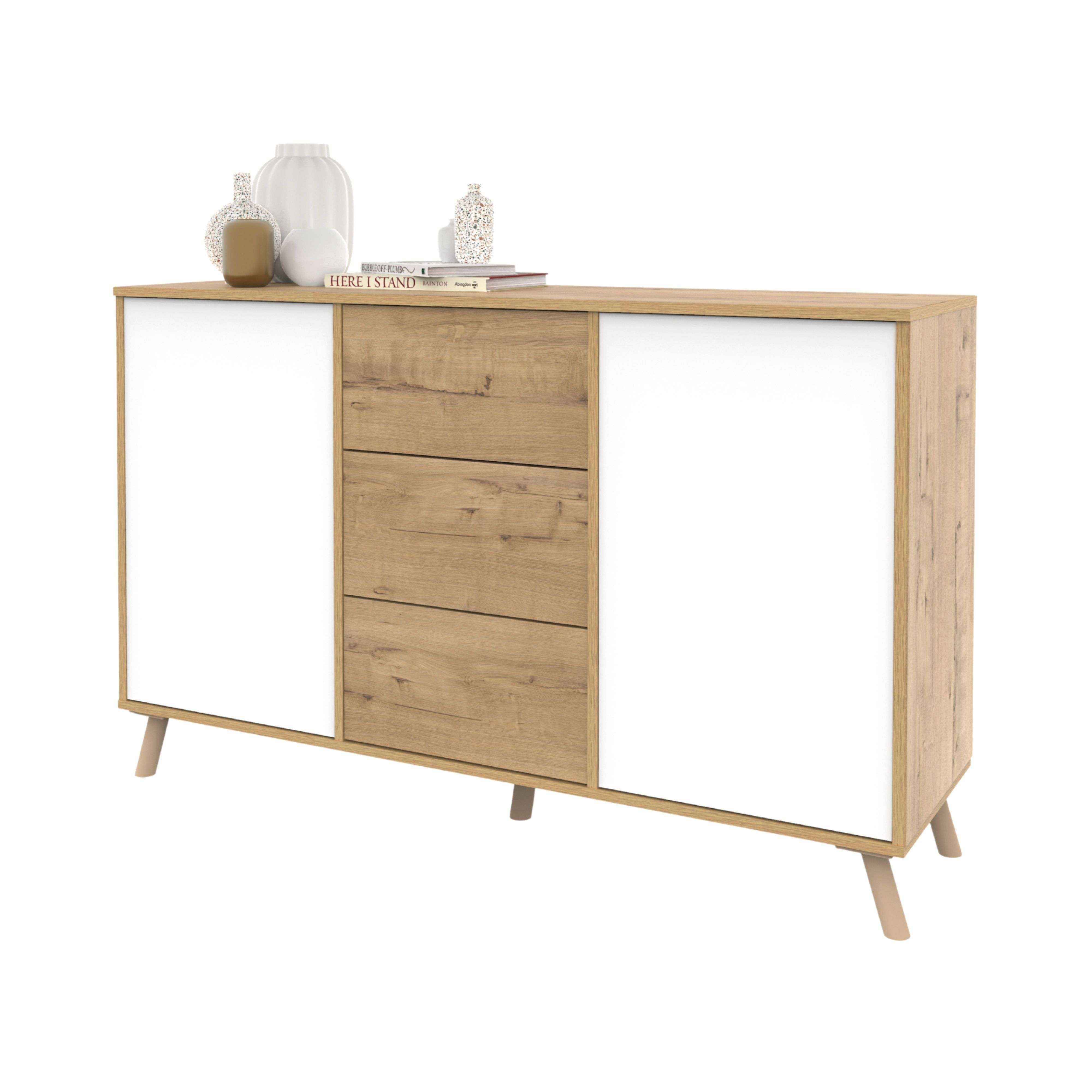 Miroytengo Aparador Salón Oslo, Mueble Almacenaje Comedor, Auxiliar 3 Cajones 2 Puertas Roble Gold y Blanco Mate 140x89x40 cm