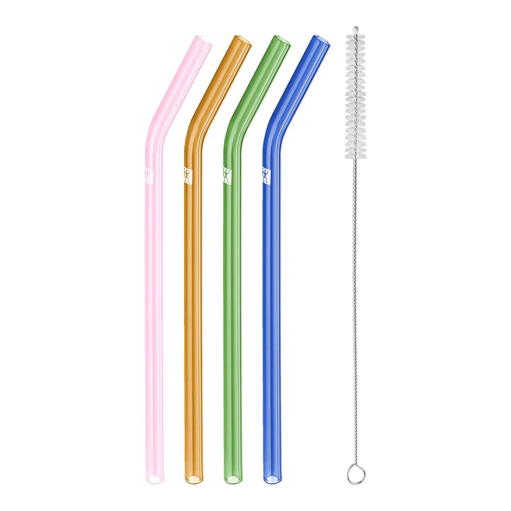 ZWILLING - Pajitas de Cristal de Borosilicato, 4 Unidades, 23 cm, Forma Curva, Multicolor, Sostenible y Reutilizable