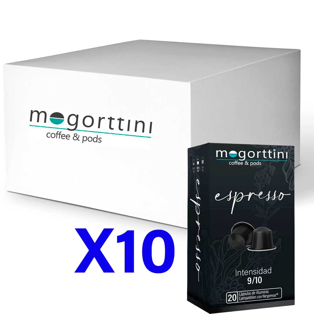 Mogorttini - Café Espresso_ 200 Cápsulas de Aluminio Compatibles con Nespresso (Formato 10x20 uds). Alta Calidad.