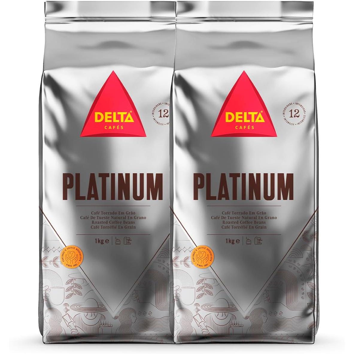 Delta Cafés - Café en Grano Platinum - 2 Paquetes de 1 Kg - Intensidad 12 - Mezcla de Granos de Café Tostados Arábica y Robusta - Sumamente Aromático con Notas de Nueces Tostadas. FlavorName: Café tostado con finos matices de fruta madura;