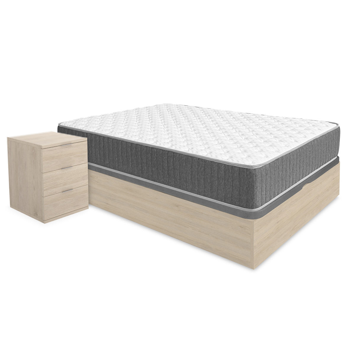 Pack ahorro matrimonio Canapé Nest Roble con Colchón viscoelástico y muelles Aurea 150 x 190 cm, 2 Mesitas de noche Rio|Montaje Incluido (Solo canapé)