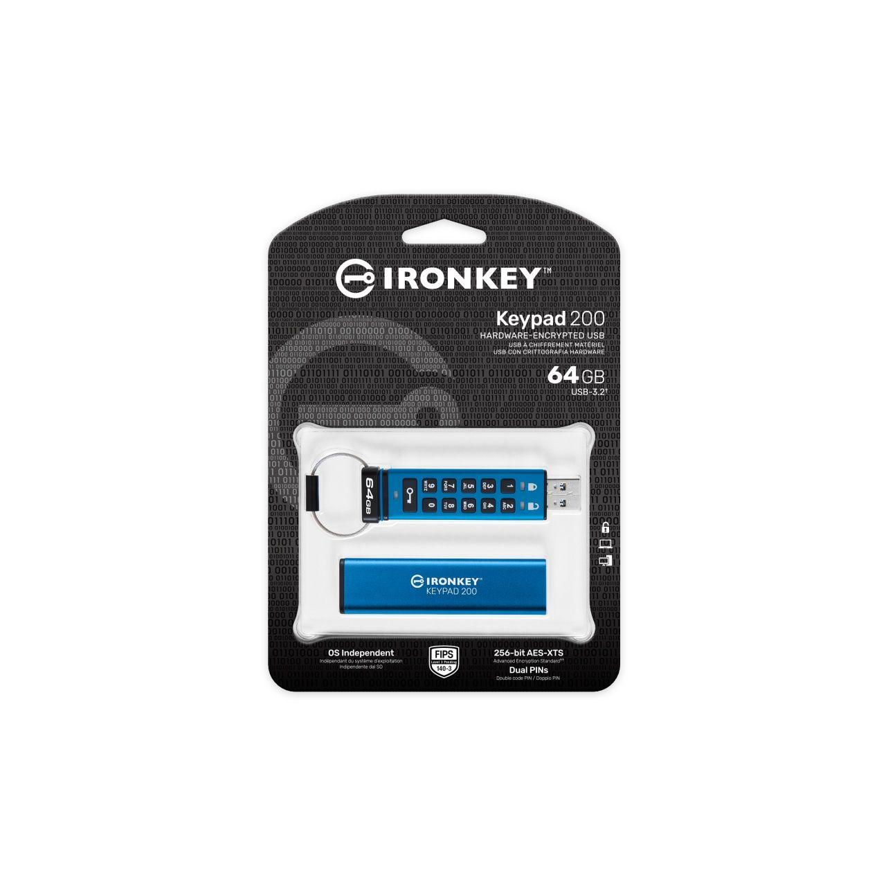 Kingston - Memoria USB IronKey Keypad 200 de 64 GB con cifrado AES 256 bits y teclado integrado, USB 3.2 Gen 1, resistente IP57 y certificación FIPS 140-3 Level 3