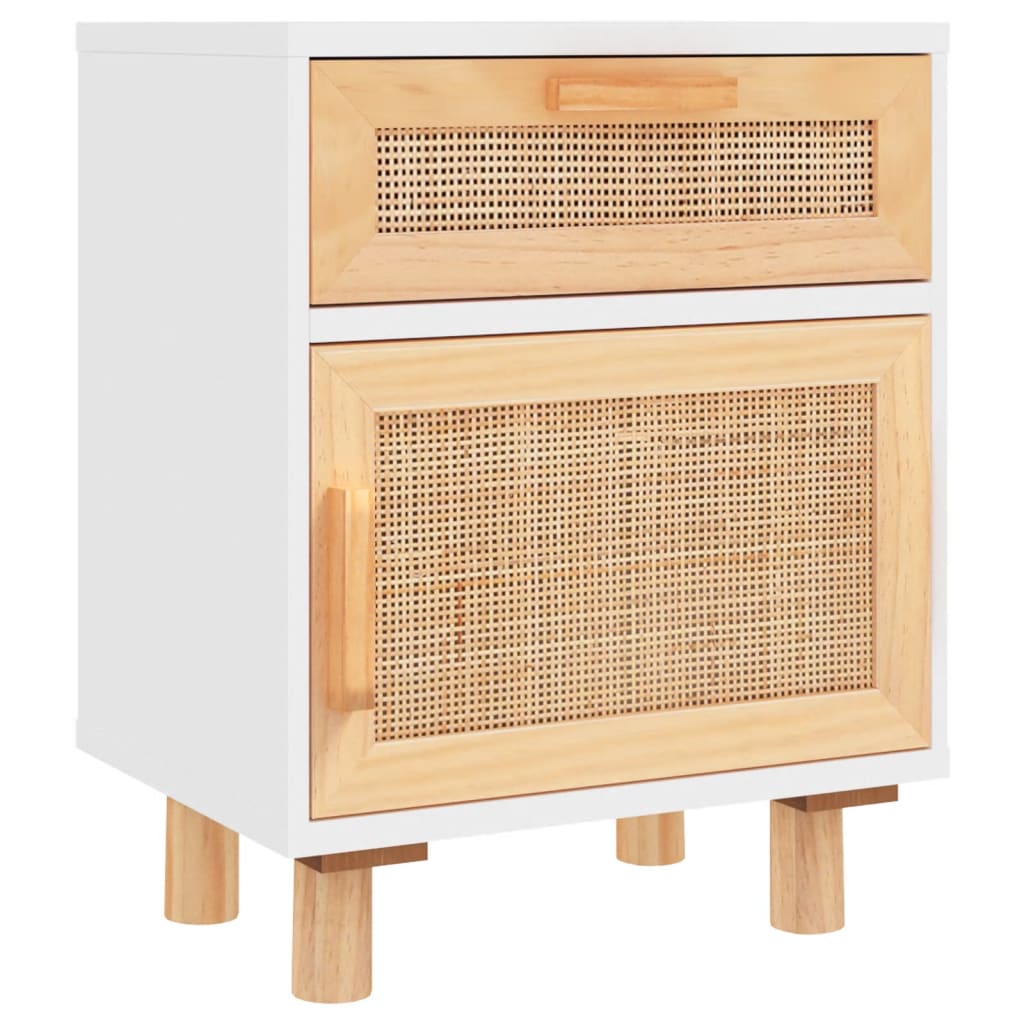 Vidaxl Mesita de Noche de Madera Maciza Pino y Ratán Natural (Blanco)
