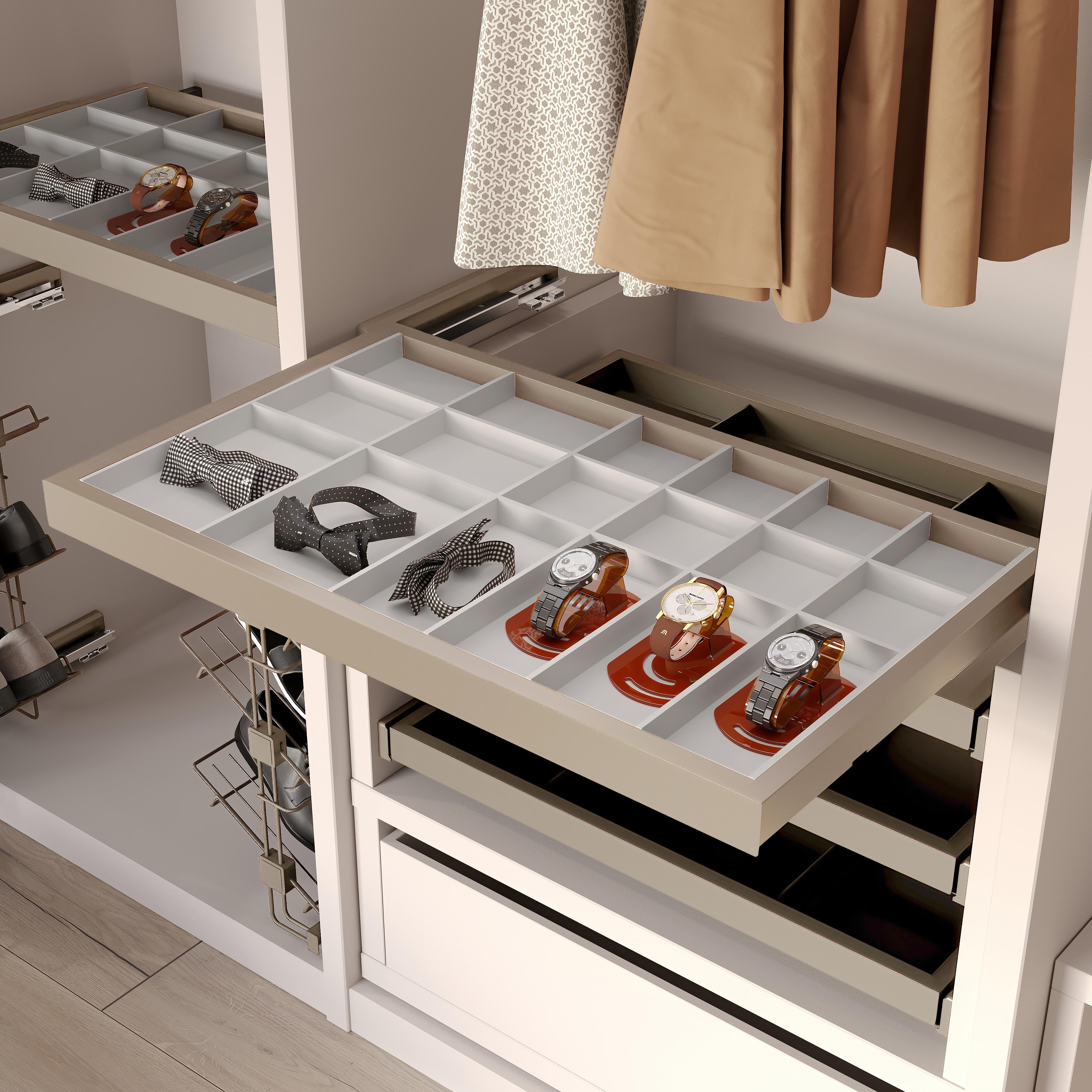 Kit de cajón organizador, bandeja auxiliar y bastidor de guías con cierre suave para armarios, regulable, módulo 900mm, gris piedra