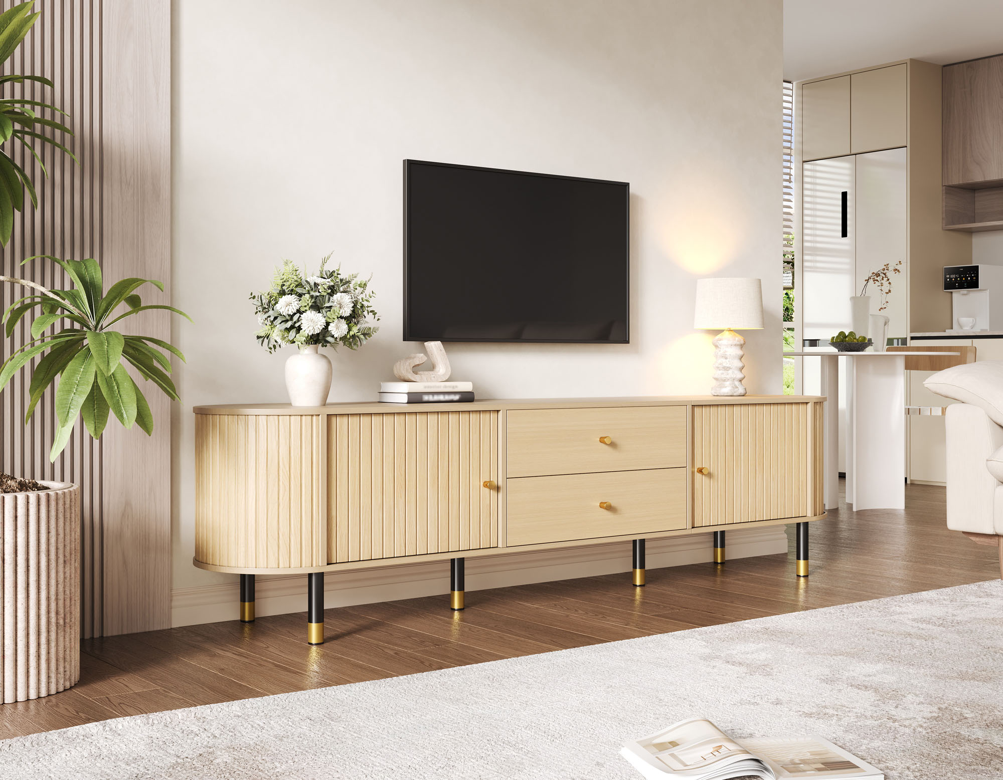 Meuble TV bas effet bois naturel 180 cm avec portes coulissantes, deux tiroirs et rangement pour câbles