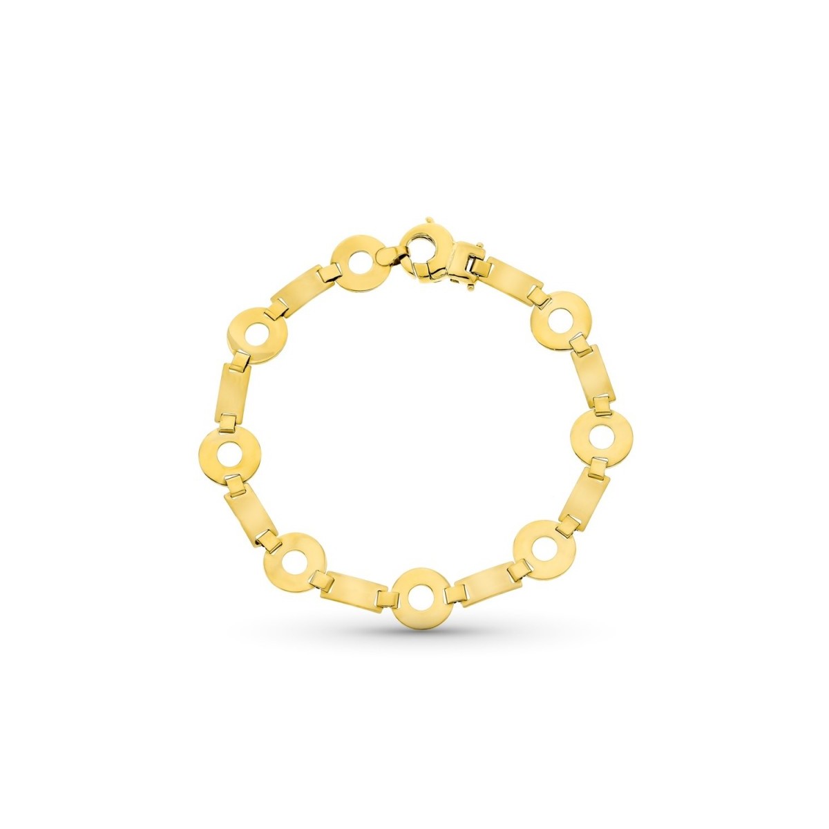 Pulsera oro 18k mujer 19 cm. combinada rectángulos y círculos calados mosquetón