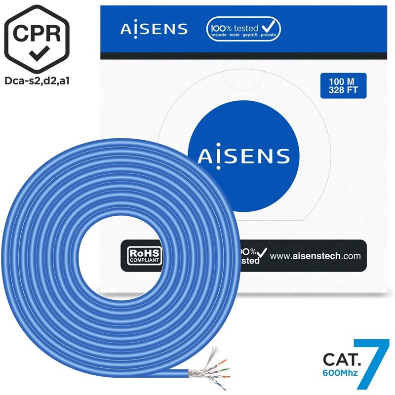 Bobina de Cable RJ45 SFTP AWG23 LSZH CPR Dca Aisens A146-0664 Cat.7/ 100m/ Azul