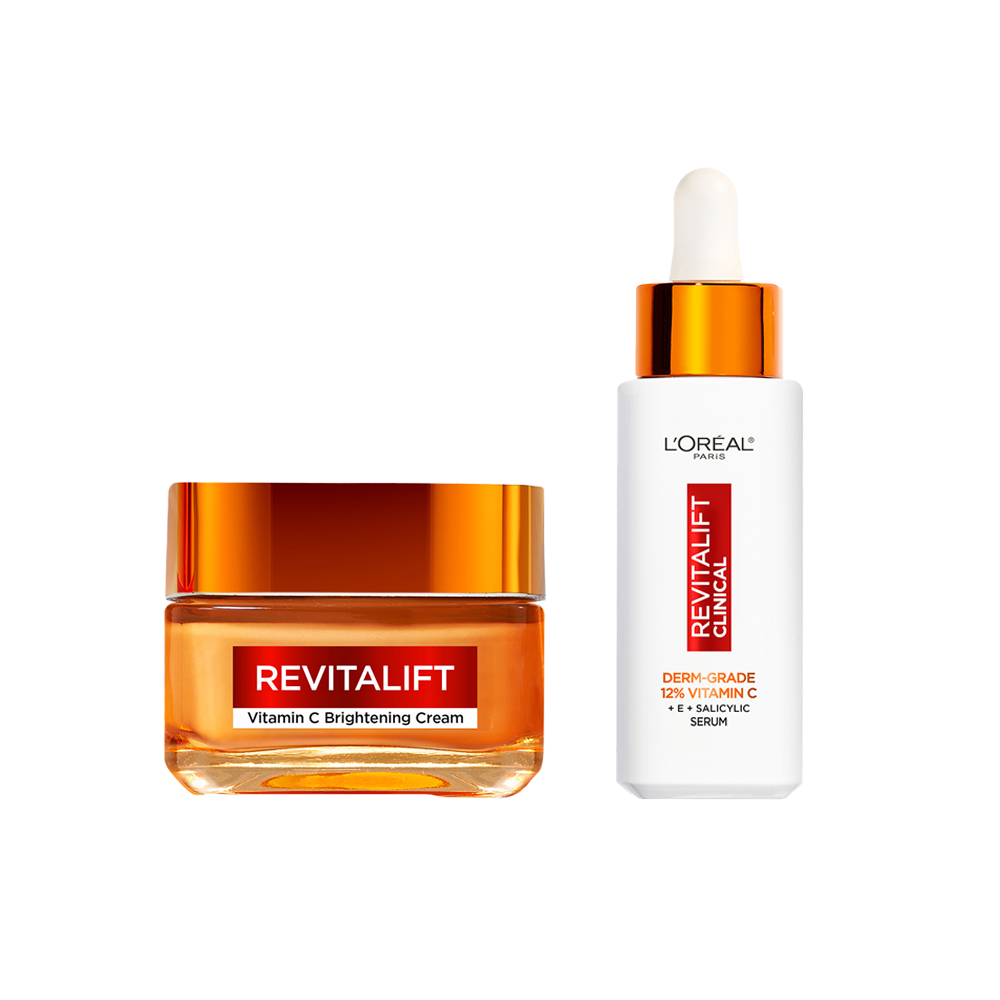 LOréal Paris | Revitalift CREMA GEL VITAMINA C piel luminosa y poros reducidos 50ml + Revitalift Clinical Sérum (arrugas-tono-poros) con 12% de Vitamina C pura + vitamina E + ácido salicílico 30ml