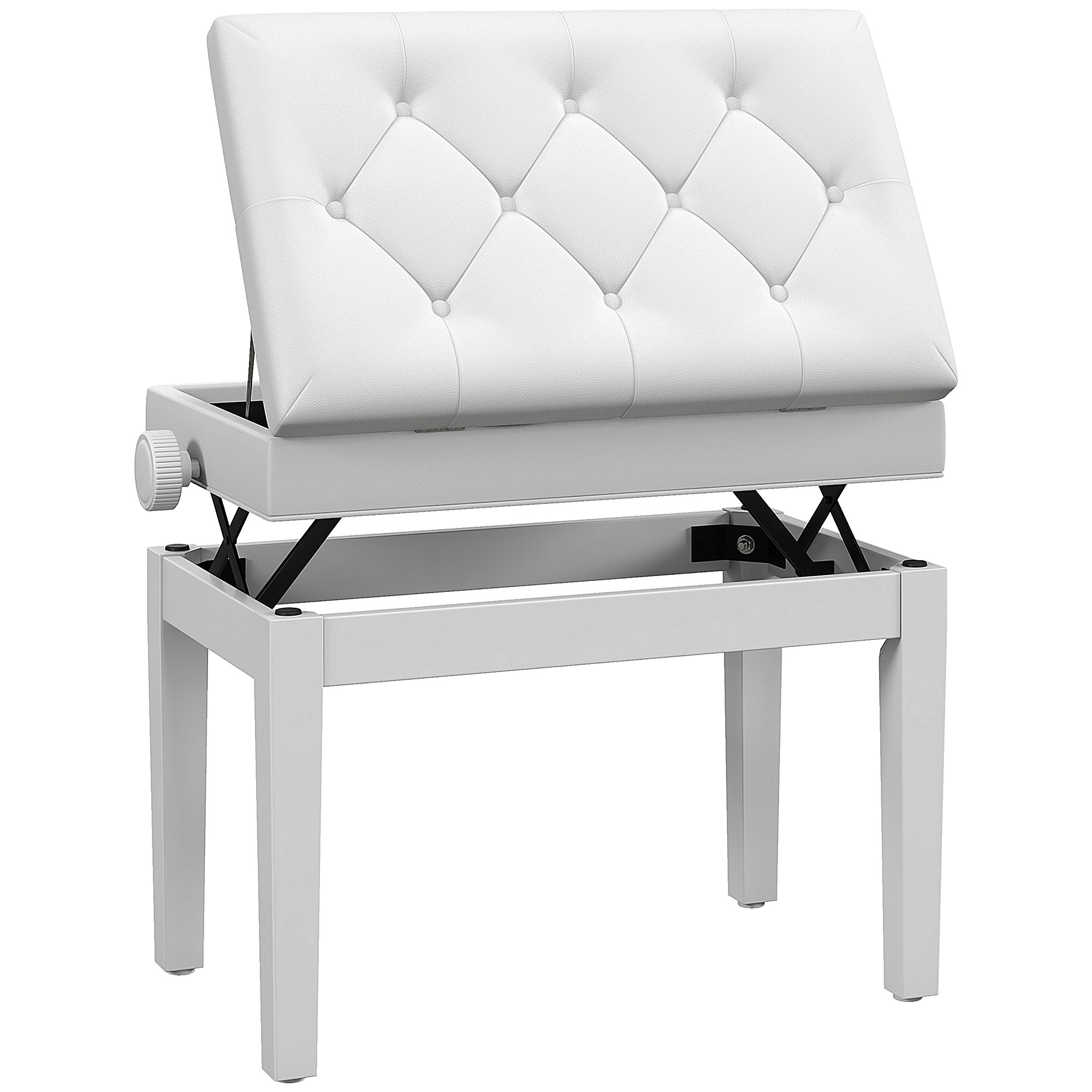 HOMCOM Banqueta para Piano Banco para Piano con Ajustable en Altura de 48 a 58 cm Espacio de Almacenamiento Patas de Madera Taburete para Teclado Acolchado 54,5x33x48-58 cm Blanco