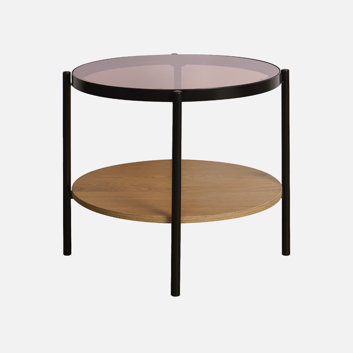 sweeek - Mesa auxiliar redonda de cristal templado efecto madera y metal negro , Smooky , 52x52x45