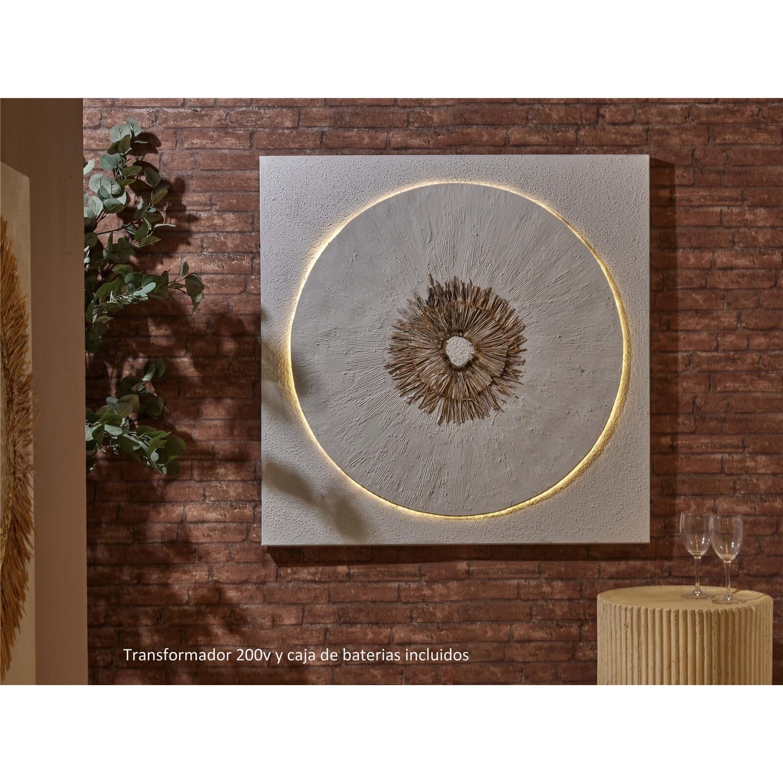 Oleo abstr. circulo c/centro en rafia y tira led ext. 100x100 cms. 100x3x100 cms. El mejor complemento para tu hogar.