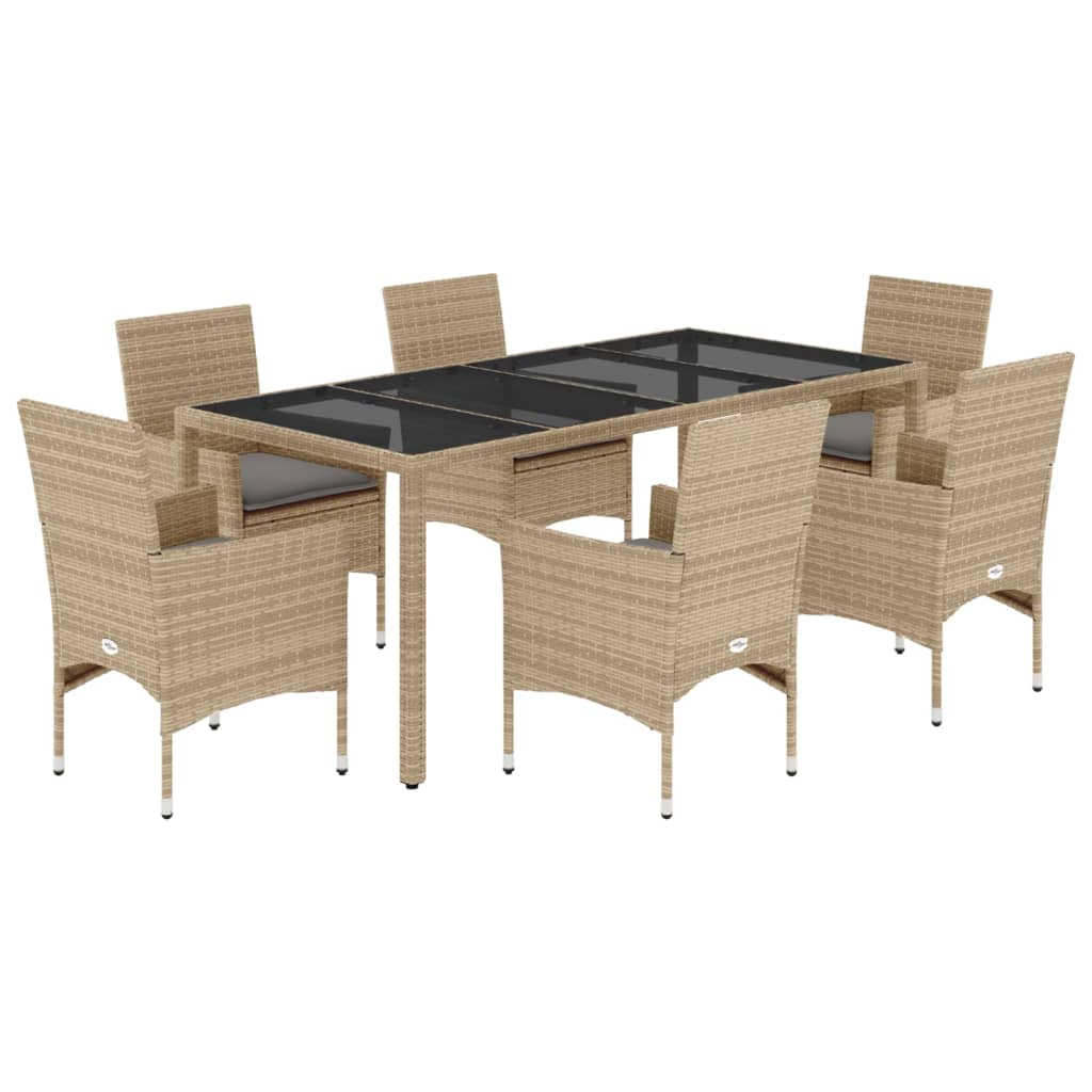 vidaXL Set comedor jardín 7 pzas cojines ratán sintético vidrio beige