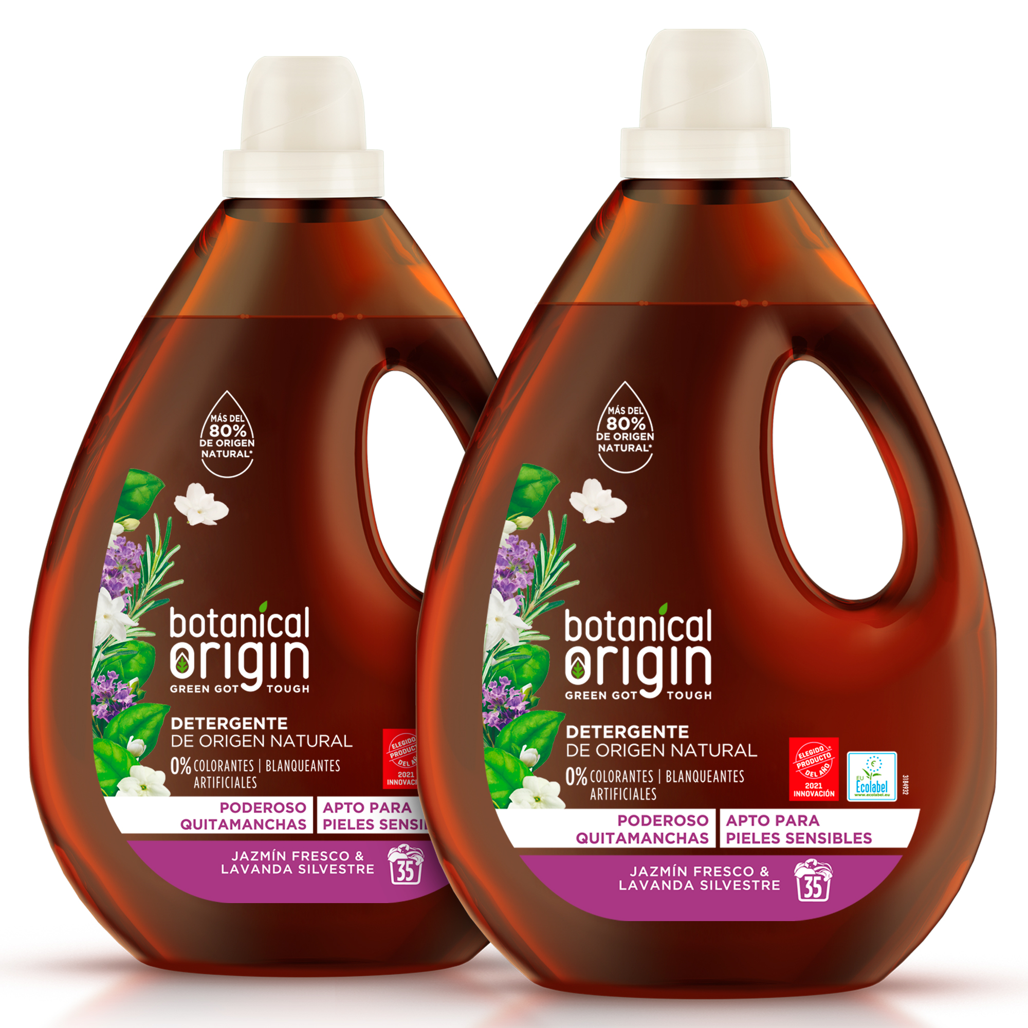Botanical Origin Detergente Ecológico para Ropa, Fragancia Jazmín Fresco y Lavanda Silvestre, 70 Dosis (2x35)