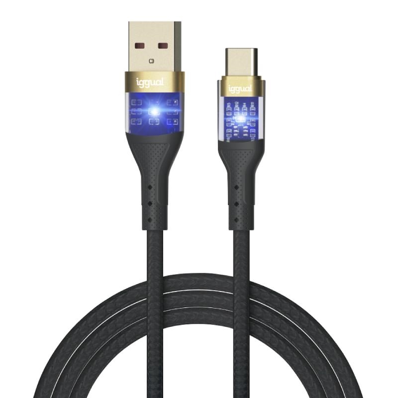 iggual Cable USB-A a USB-C 3A 60W PD(Power Delibery)- Usos: Carga Rápida (3 A) y Transmisión de Datos 2.0- Cable de 1m, Trenzado Mixto de Nylon y Sedal e Interior de Cobre- Luz LED Azul - Negro.