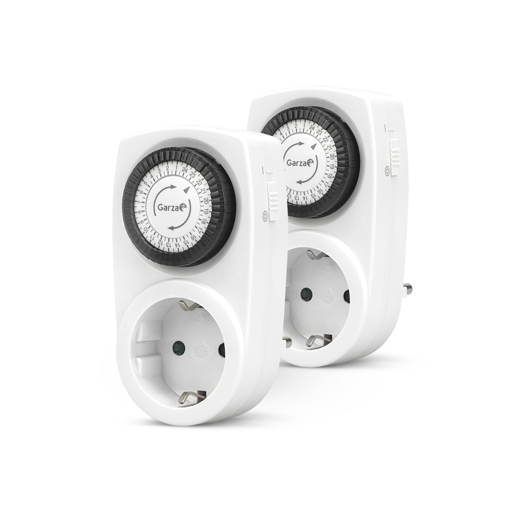 Garza - Pack 2 Enchufe temporizador analógico diario interior, programador 24 horas con intervalos de 15 minutos, ahorro de energía, protección infantil, diseño compacto, garantía 2 años