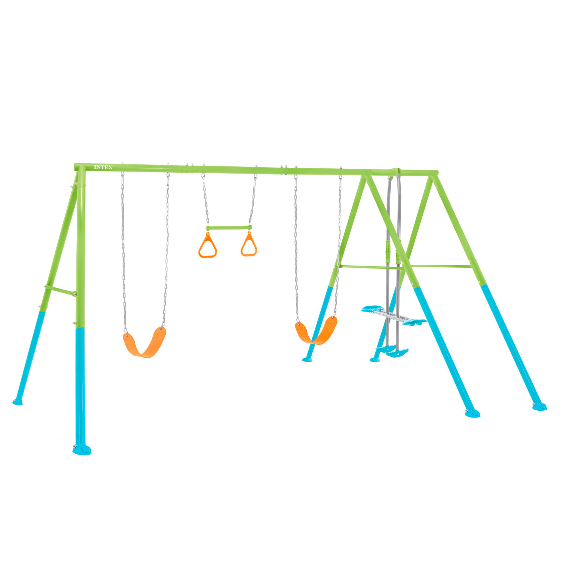 INTEX - Columpio de metal con balancín doble plaza y asiento, regulable en altura, máx 144 kg seguro y resistente, columpios para niños 3-10 años, juegos exterior, certificado CE