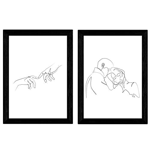 Nacnic Set De 2 Láminas De Dibujos Con Un Solo Trazo "Abrazo De Pareja Y Manos". Posters Con Una Sola Linea.