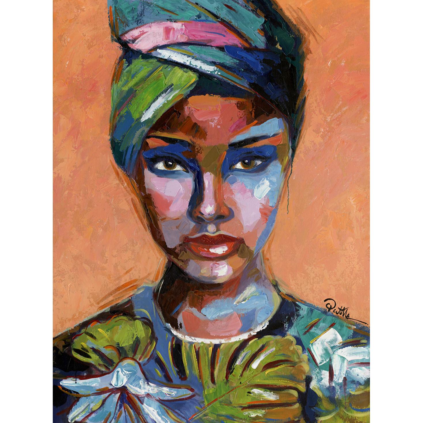 Hispanohogar Cuadro en Lienzo Pintado Al óleo Mujer con Turbante en Fondo Naranja 100x70 Cm