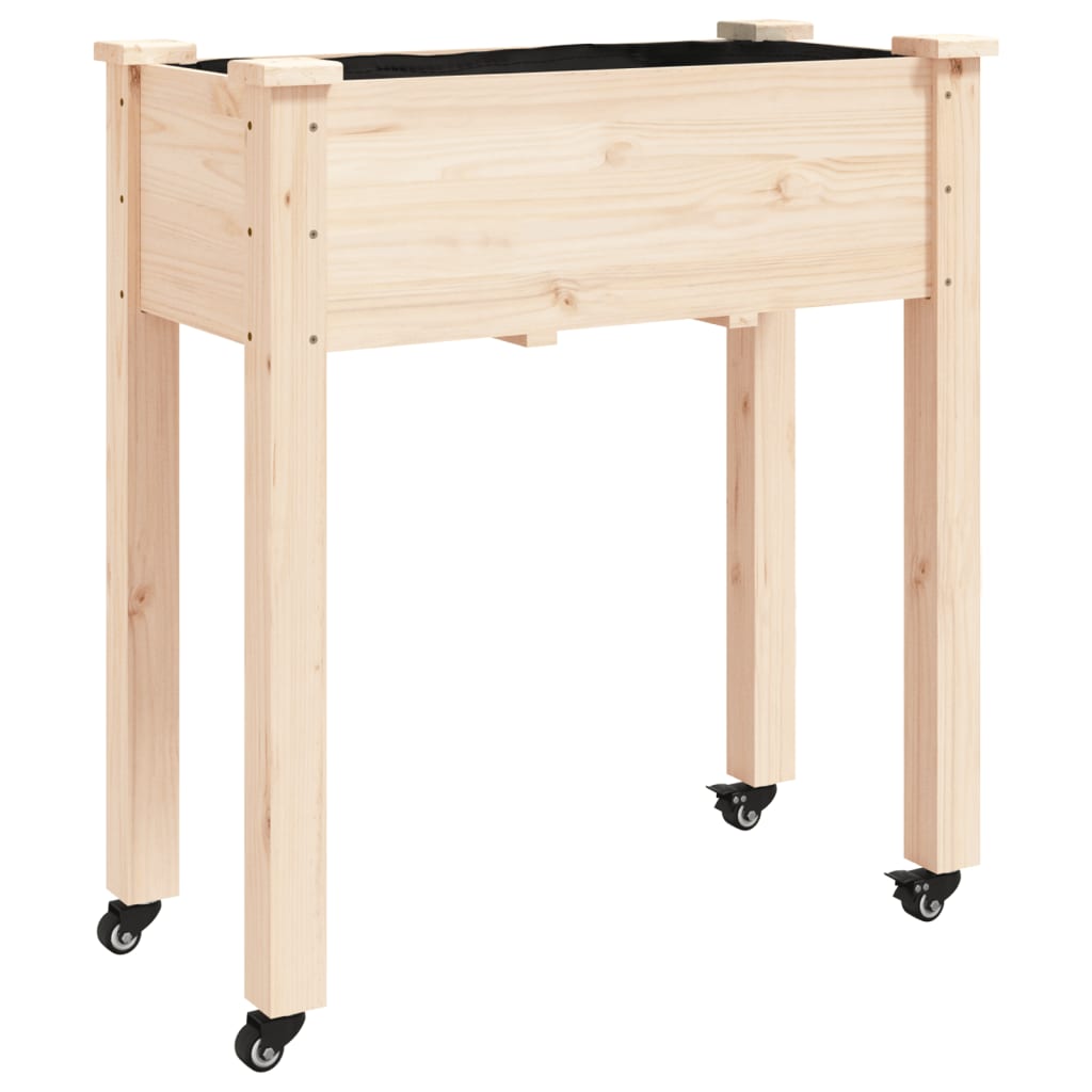 vidaXL Jardinera con forro y ruedas madera de abeto 71x37x80 cm Color Natural,  Marrón,  Gris y mas