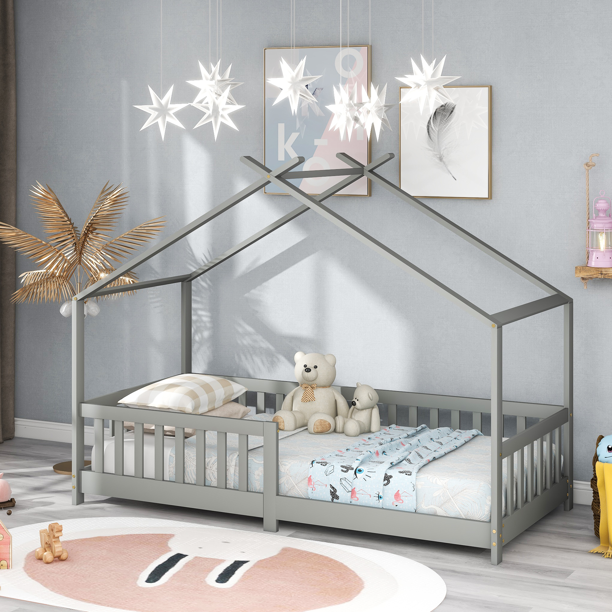 Lit cabane enfant gris clair 90 x 200 cm en bois massif avec barrières de sécurité et sommier à lattes