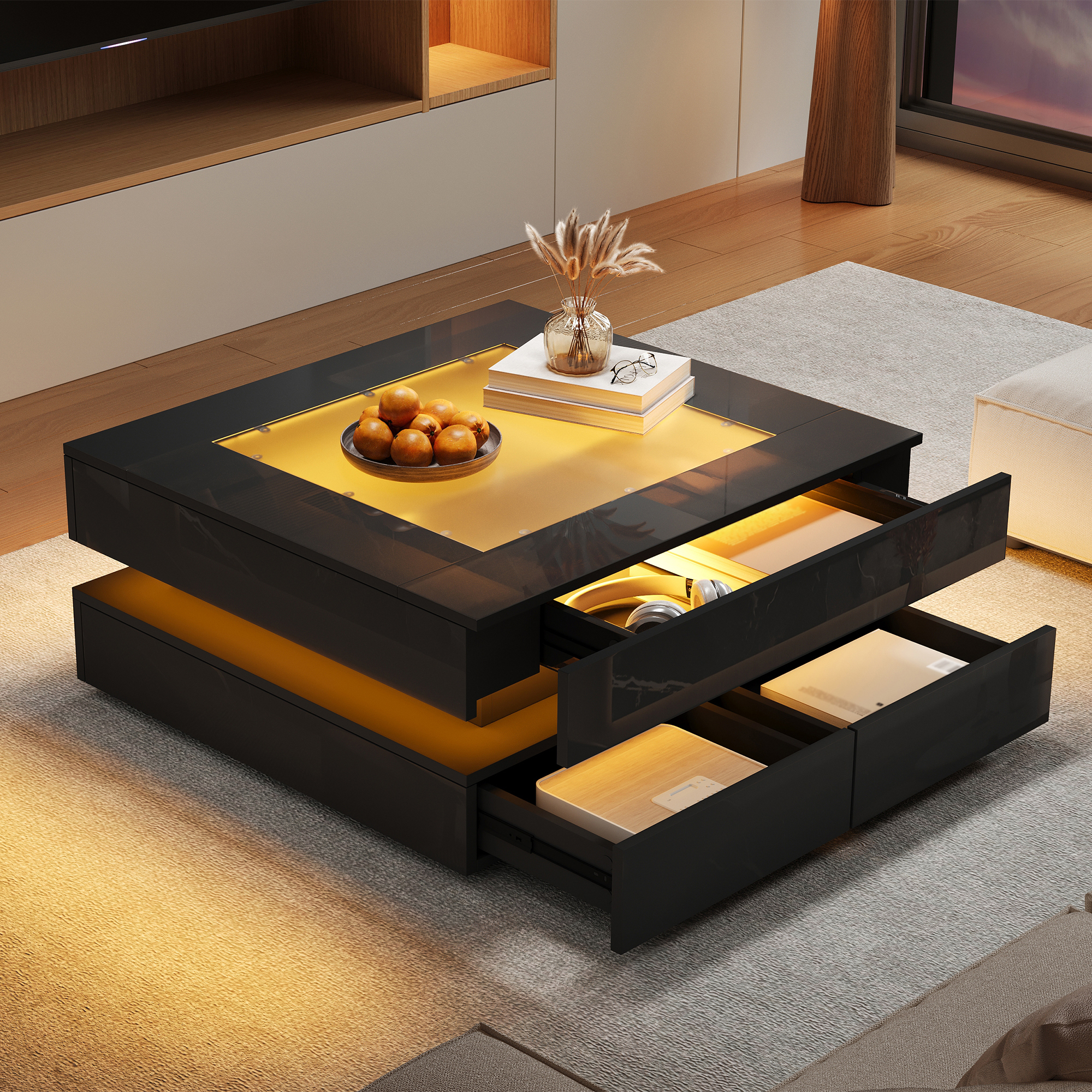 Table basse noire carrée avec plateau en verre, éclairage LED, finition brillante et 3 tiroirs