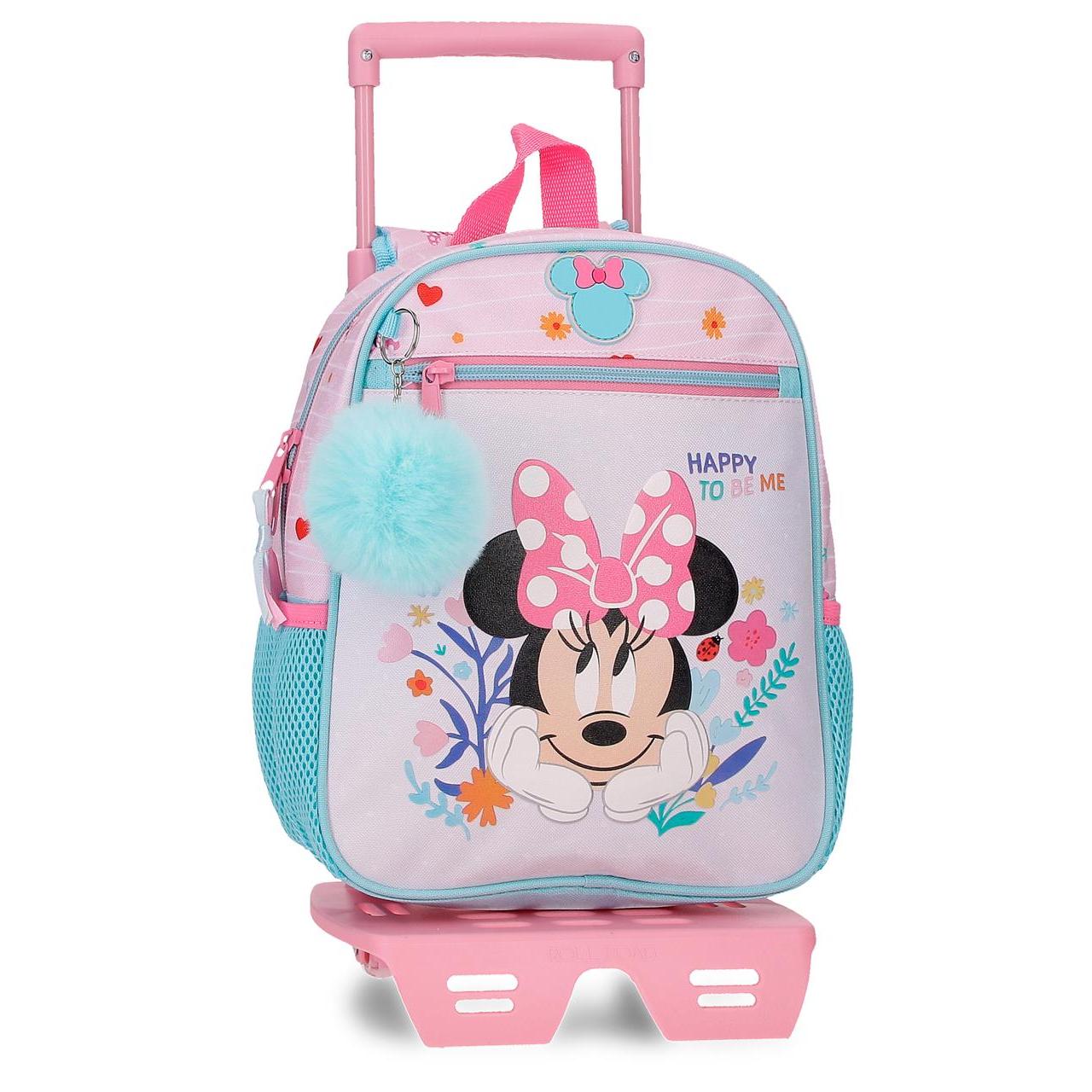 Mochila escolar con carro Disney Minnie happy to be me rosa