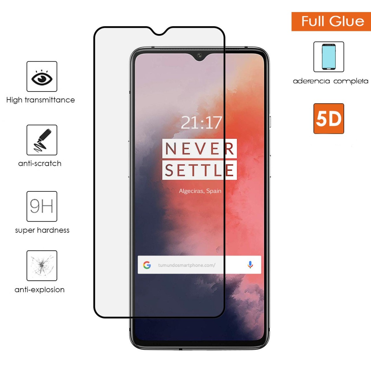 Tumundosmartphone Protector Cristal Templado Completo 5D Full Glue Negro para Oneplus 7T Vidrio