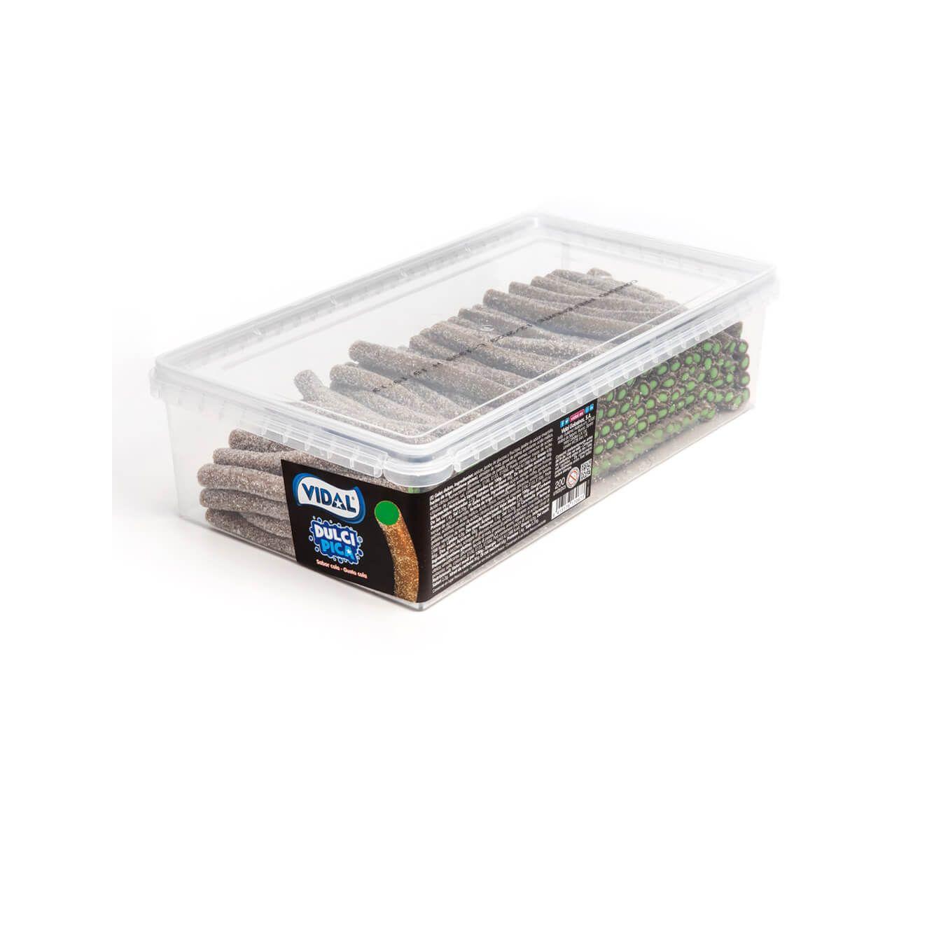 Vidal Dulcipica diferentes sabores en bandeja 1,4 Kg - Delicioso regaliz de golosina de intenso sabor a elegir entre: melocotón, melón, fresa, cola y multicolor relleno y con cobertura de polvos pica pica.