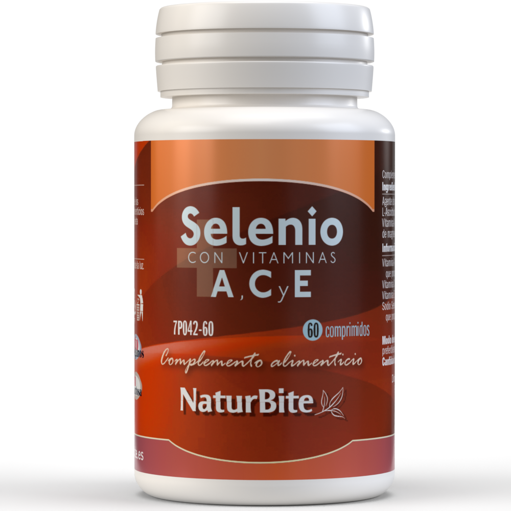 Naturbite - Selenio 200mcg+ACE, 60 Tabl. NaturBite. Se le atribuyen propiedades como ayuda en la función Tiroidea, reforzar el sistema inmunológico o mejoras de la salud mental.