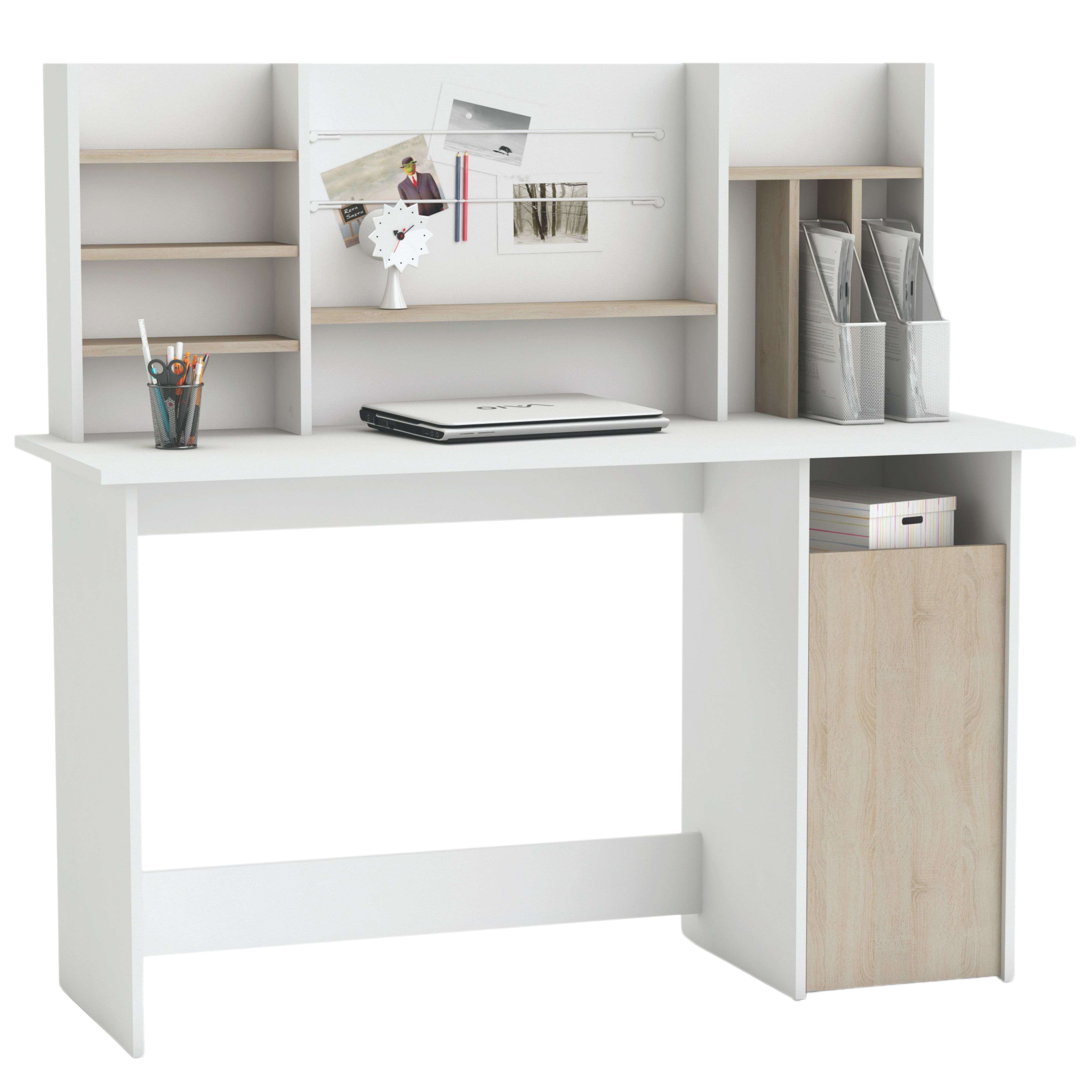 Miroytengo Mesa de Ordenador Escritorio con altillo 135cm. Blanco y Roble. para habitación Juvenil, Estudio, despacho.