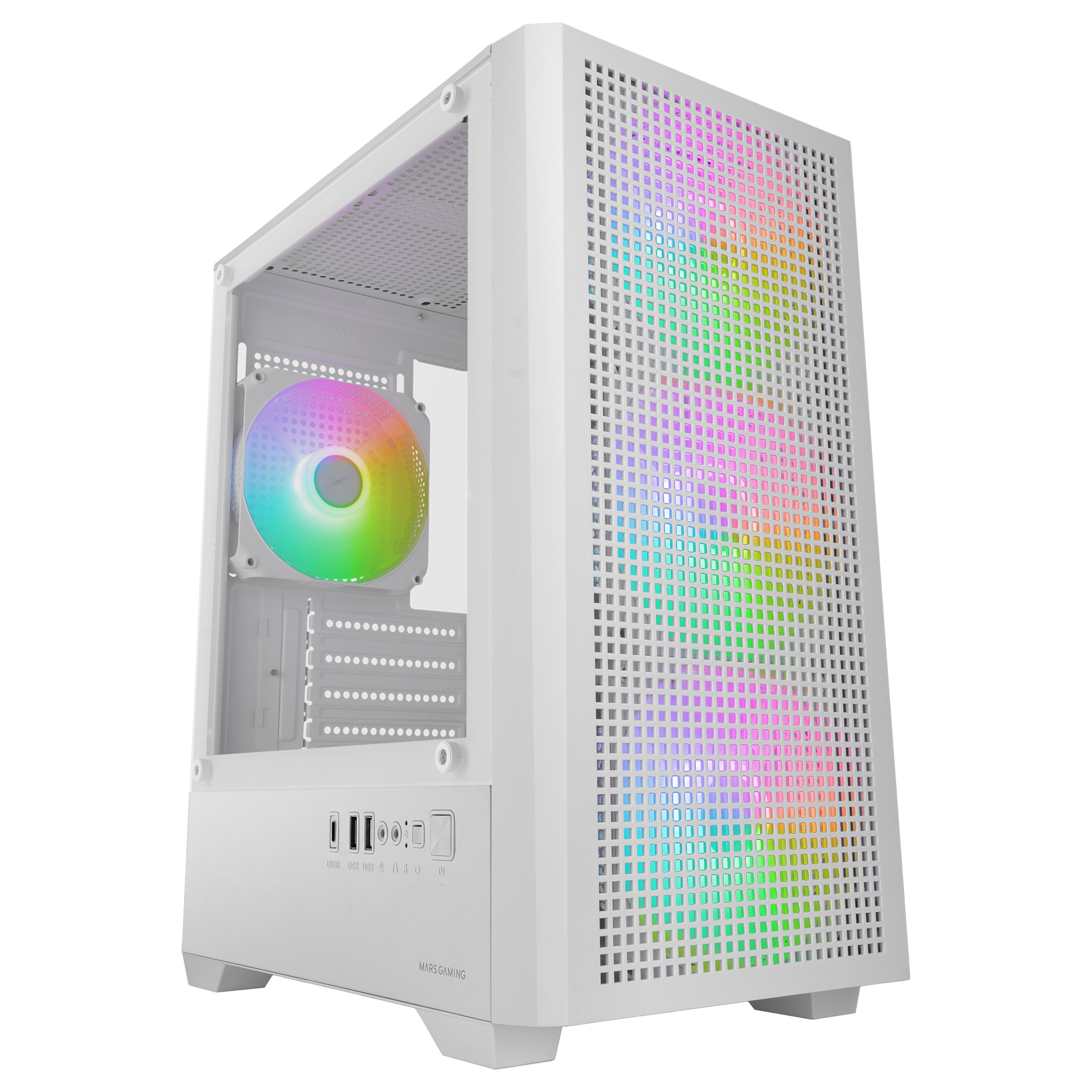 Mars Gaming MC-VECTOR, Caja PC Gaming Micro-ATX y Mini-ITX, 4x Ventiladores ARGB FDB 120mm, Cristal Templado, Frontal Mesh, Doble Cámara, Soporte Refrigeración Líquida 120mm, USB-C, Negro o Blanco
