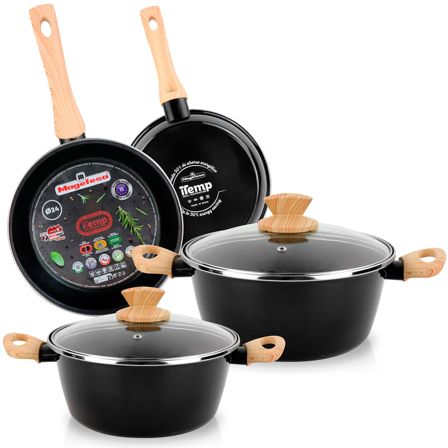 Magefesa Orbe Batería Cocina Inducción 6 Piezas, Antiadherente Libre PFOA, Exterior Negro Asas Efecto Madera, , Negro