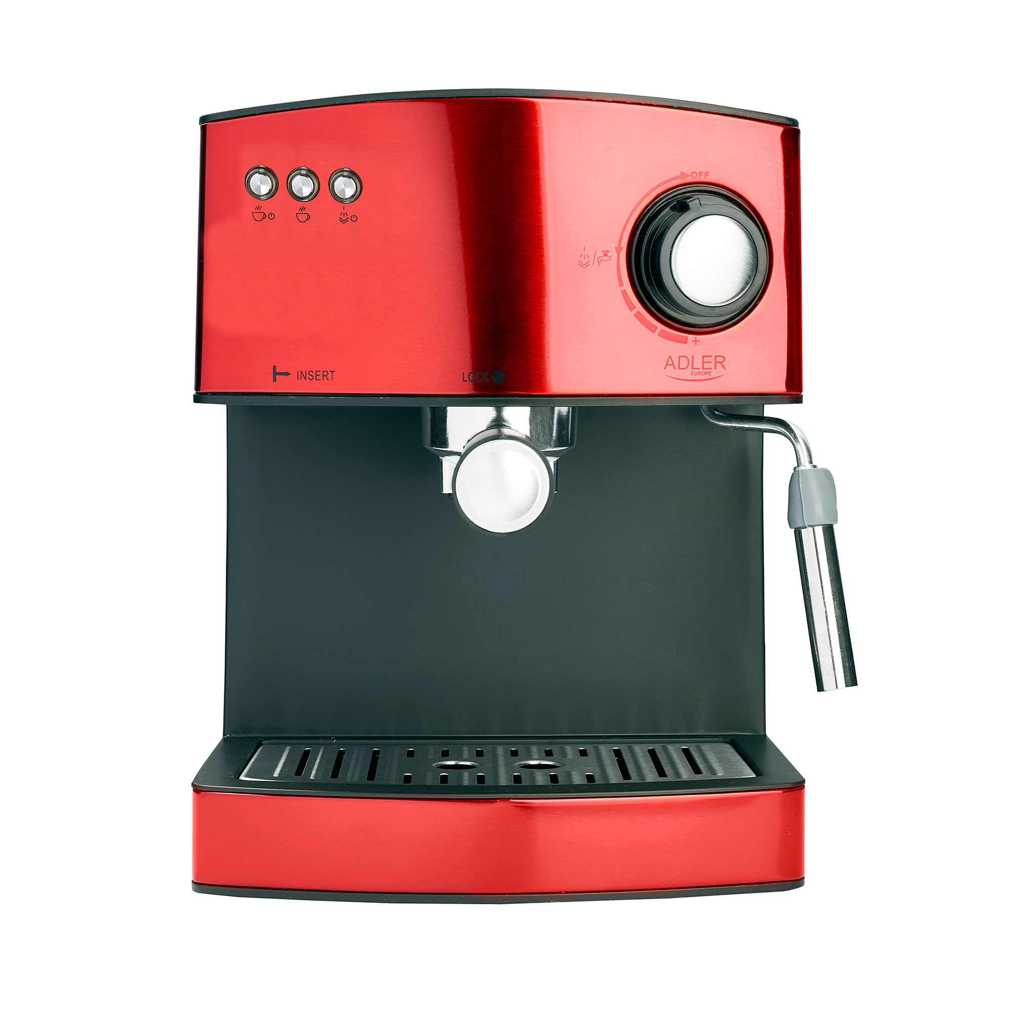 Adler AD 4404R Cafetera Espresso Manual 15 bares 1,6 L, Brazo Doble Salida, Espumador Leche, Calientatazas, 850W, Rojo
