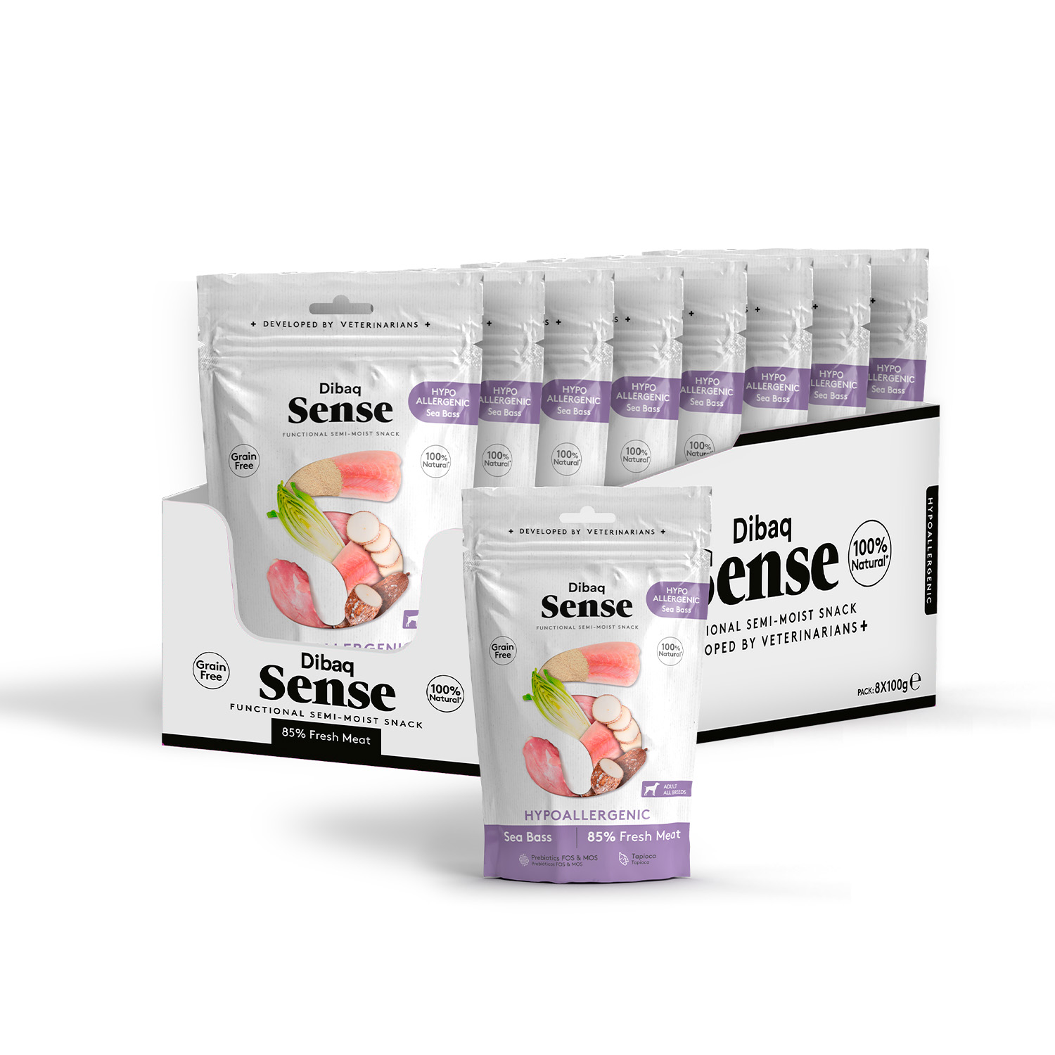 Dibaq Sense Dog, Snack para perros, grain free, hipoalergéncio, lubina sin cereal, pack 3 uds x 100 gr