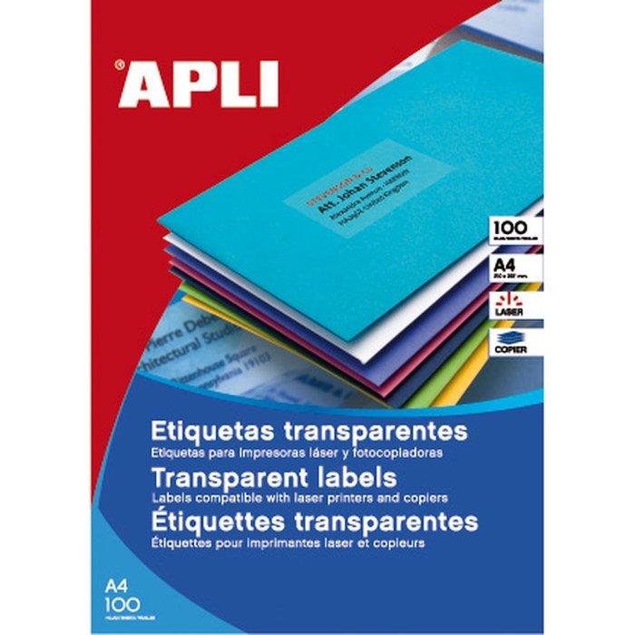 APLI ETIQUETA IMPRESORA TRANSPARENTE 210X297 ADHESIVA 100 U. SIN COLECCION 31x22x2 Cms.