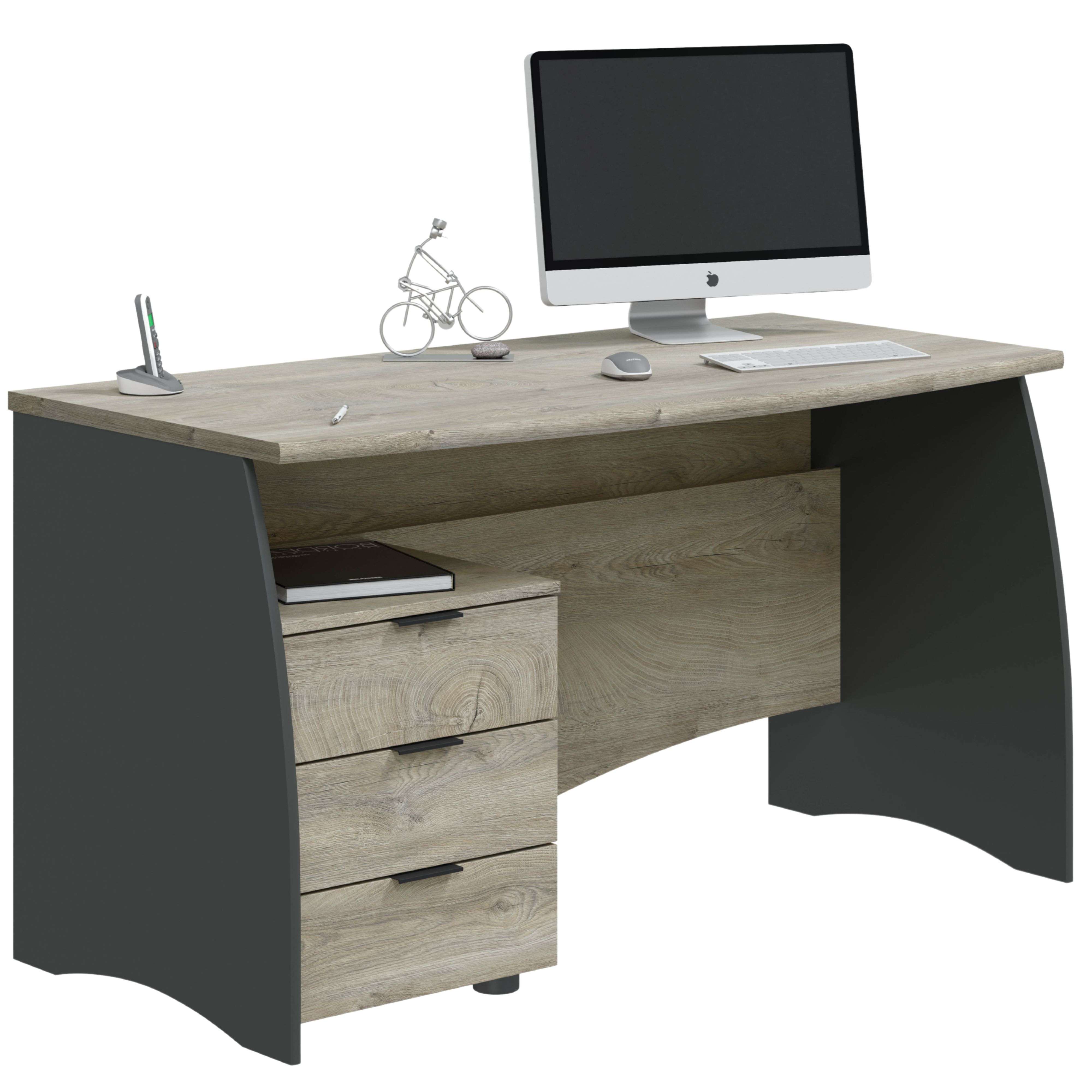 Miroytengo Escritorio con cajonera Estil oficina despacho estudio color roble y gris mesa ordenador mueble 74x136x67cm