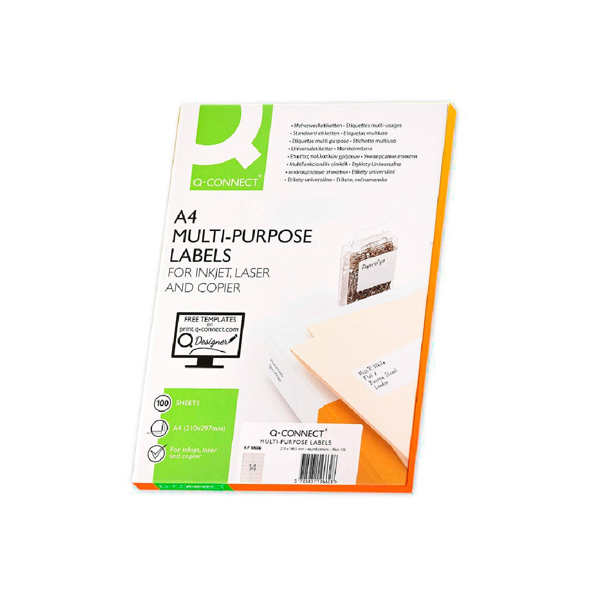 Q-CONNECT KF10656 - Caja 100 Hojas DIN A4 de 14 Etiquetas Adhesivas 105x42.3 mm Copia Laser InkJet Blancas
