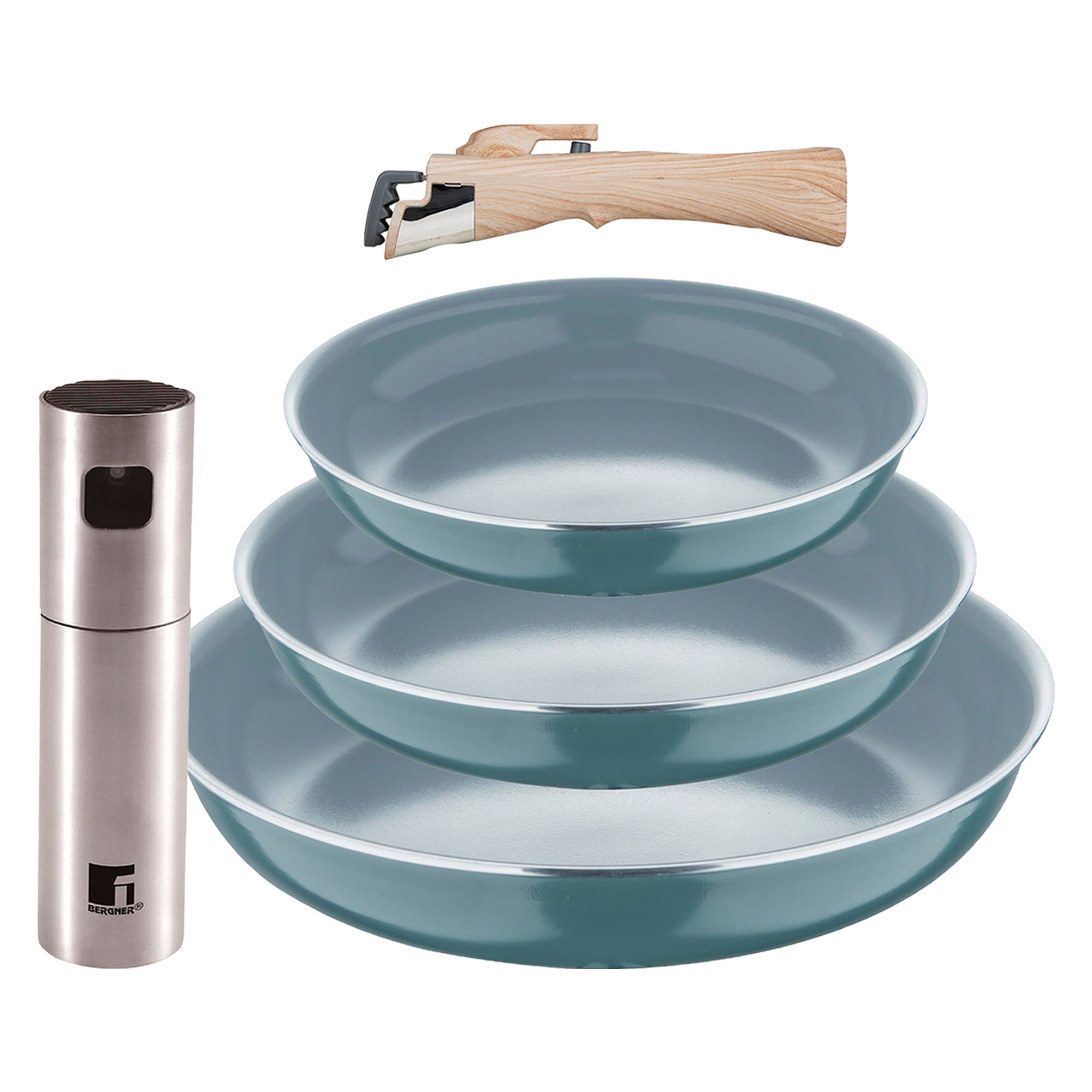 Bergner Click&Cook Juego de 3 Sartenes Ø18Ø20Ø24cm Aluminio prensado reciclado Verde con Mango extraíble+Delantal de Cocina Gris oscuro 100% Algodón