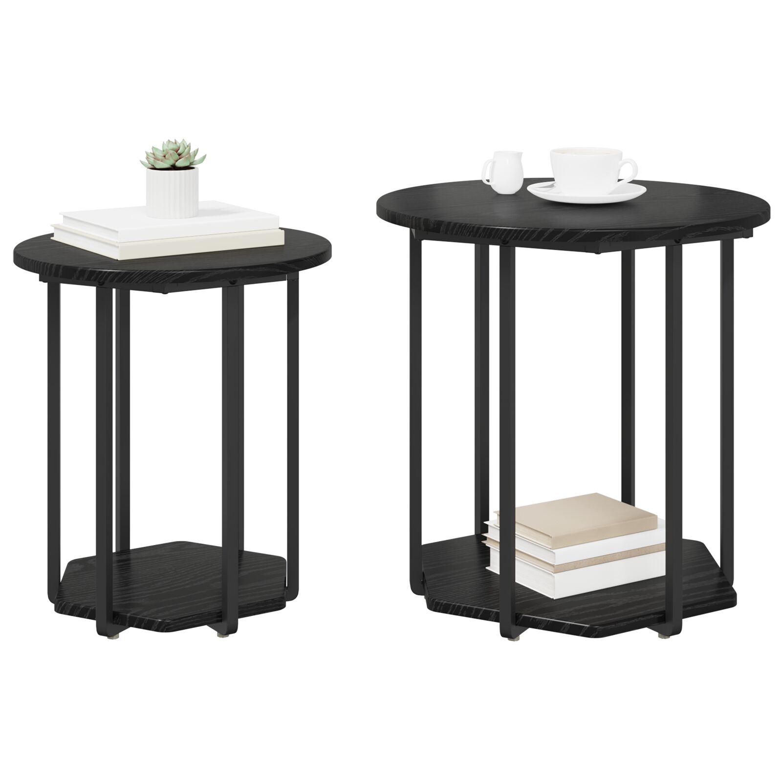 Mesa Lateral 2 pcs Madera de Roble Negro y Metal