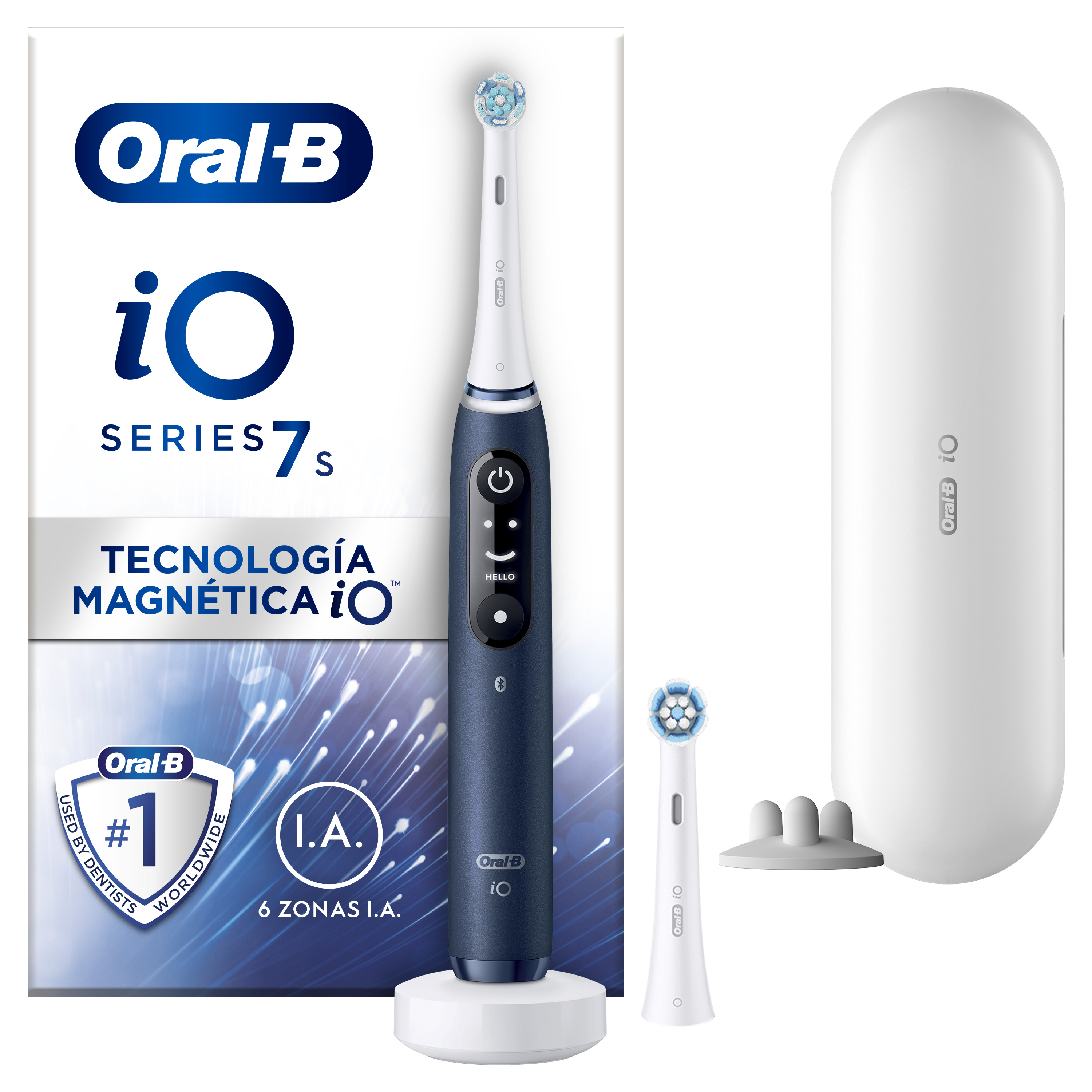 Oral-B - Oral-B iO 7S cepillo eléctrico azul con 2 cabezales y 1 estuche de viaje diseñado por Braun
