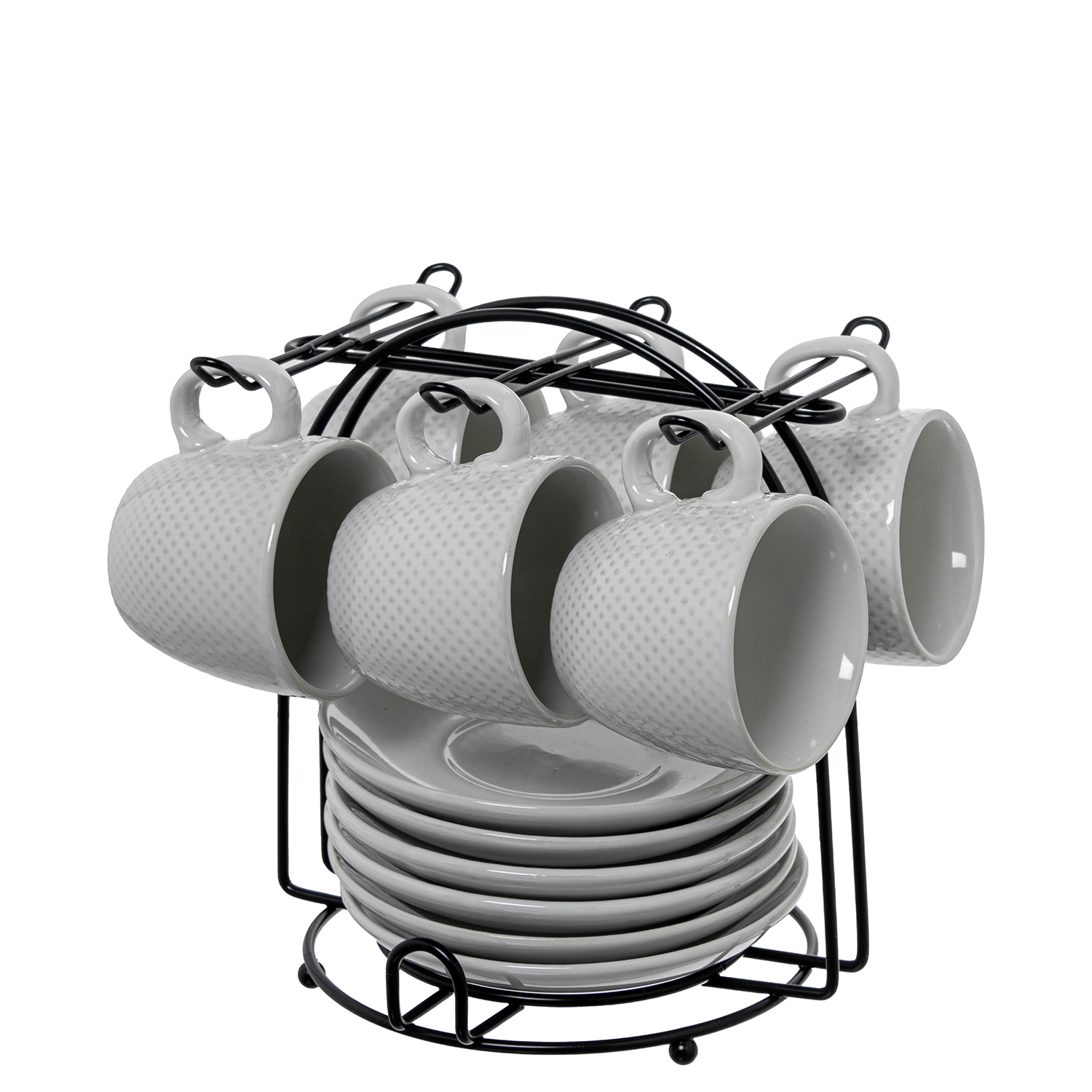 Set 6 tazas cafe con plato ceramica blanca con soporte metal neg taza: 89ml 6, 5x5, 5cm plato: 12
