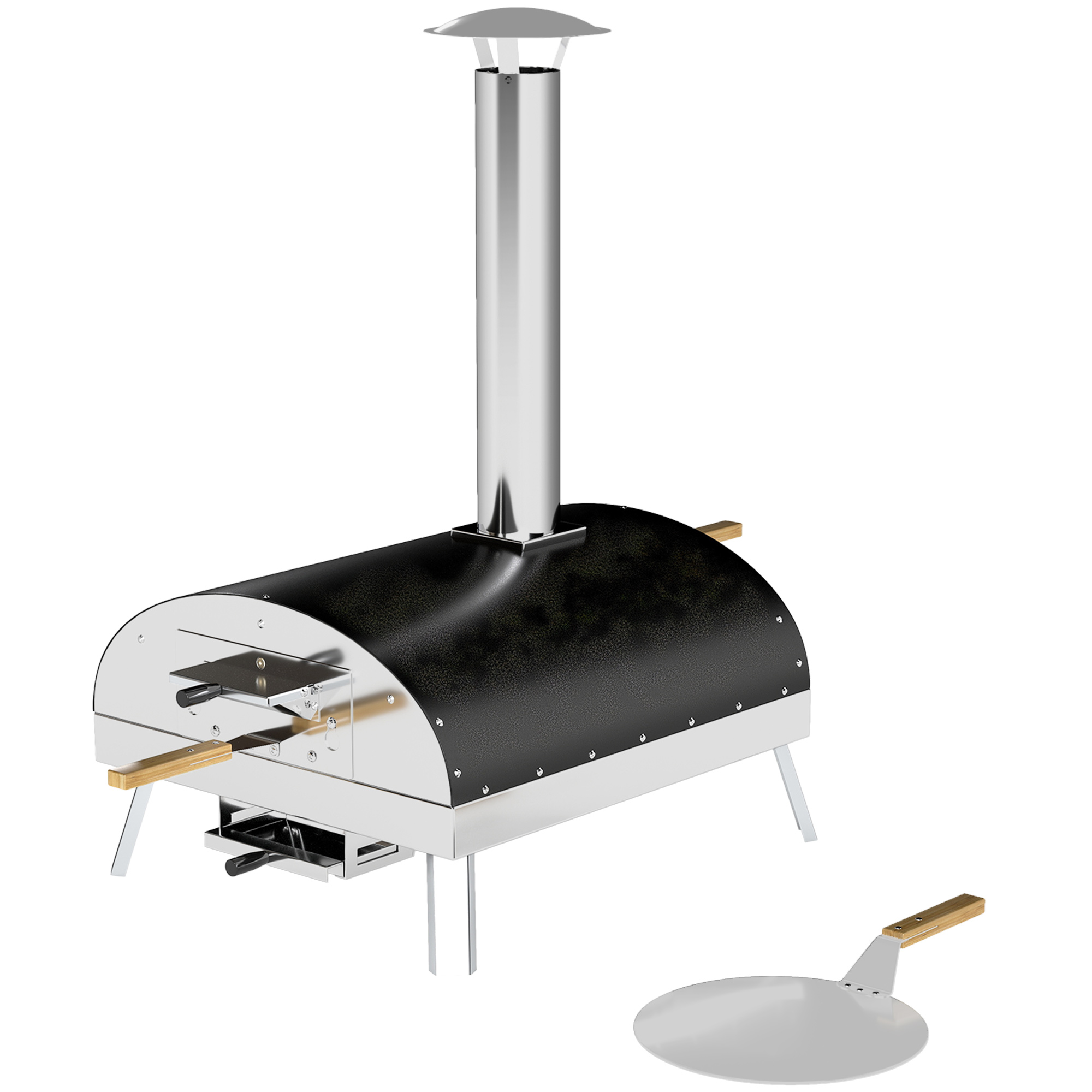 Outsunny Mini Horno de Pizza Exterior Portátil Horno de Leña con Piedra Refractaria Ø33 cm Pala Mangos de Madera Termómetro y Bandeja Giratoria para Jardín Terraza Camping Patio