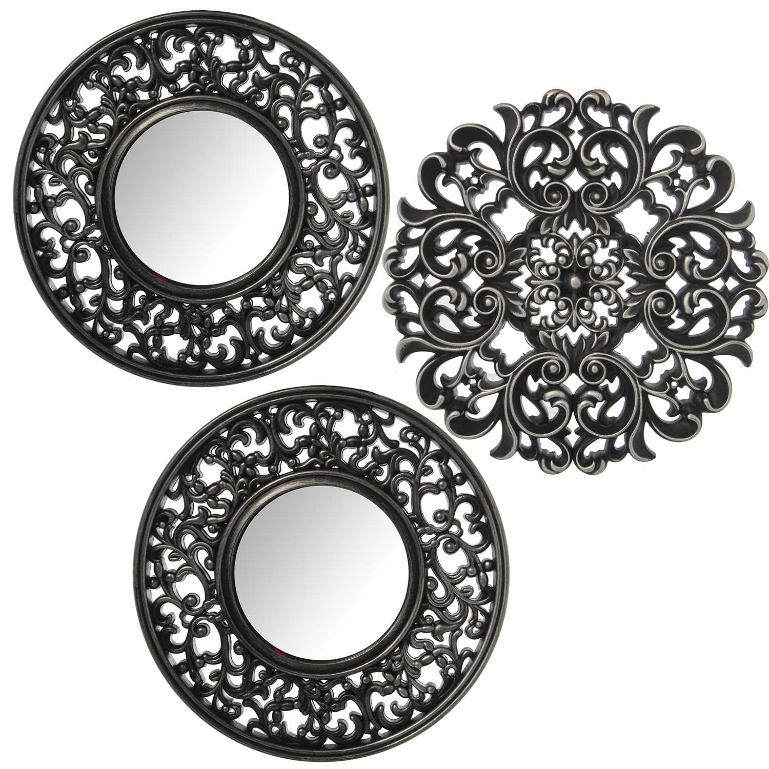 Set 3 adornos pared melamina plateada con espejo 25cm (1 sin espejo)