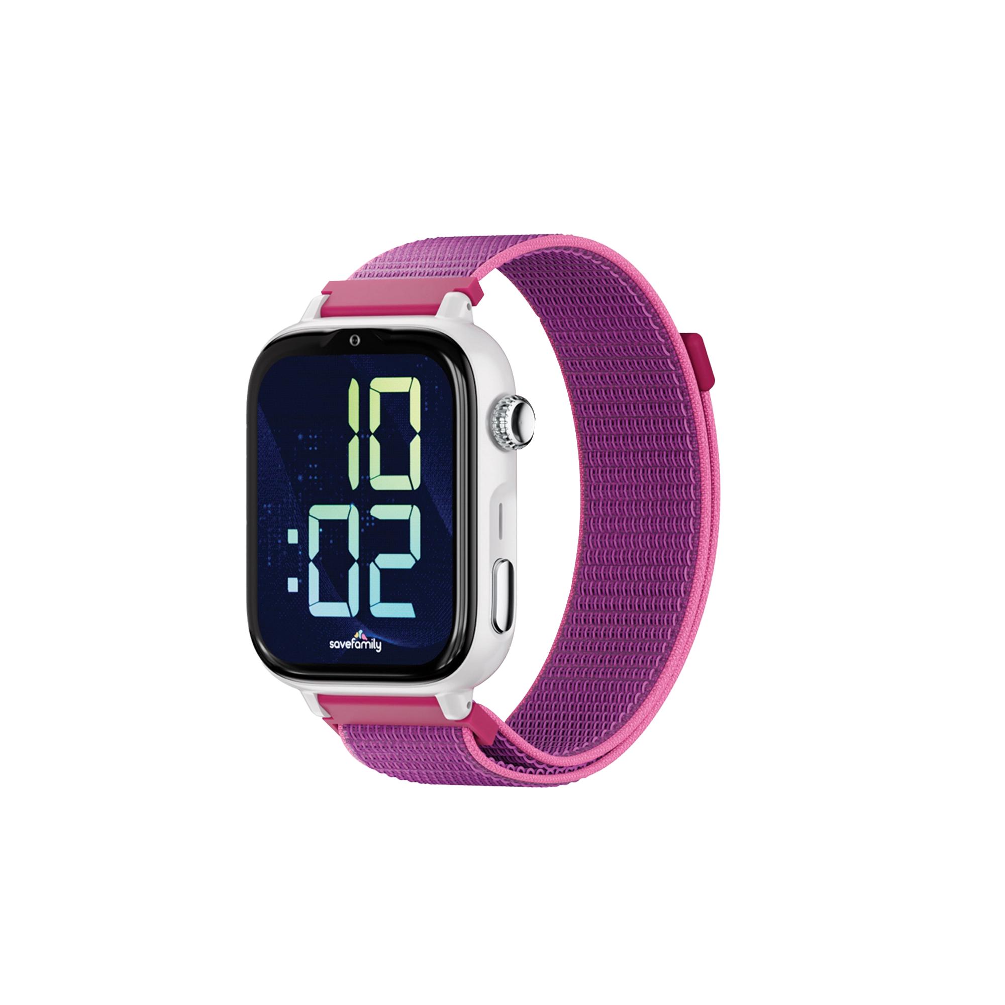 SaveFamily SaveWatch Plus 2 Reloj Inteligente Niño con Localizador GPS, Inteligencia Artificial, IA, Llamada, Vídeo, Whatsapp, Spotify, App Store Carcasa Blanca y Correa Tela Color Frambuesa SmartWatch Save Watch NO INCLUYE SIM