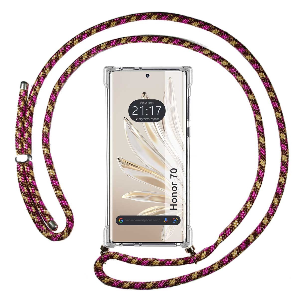 Funda Colgante Transparente para Huawei Honor 70 5G con Cordon Rosa / Dorado