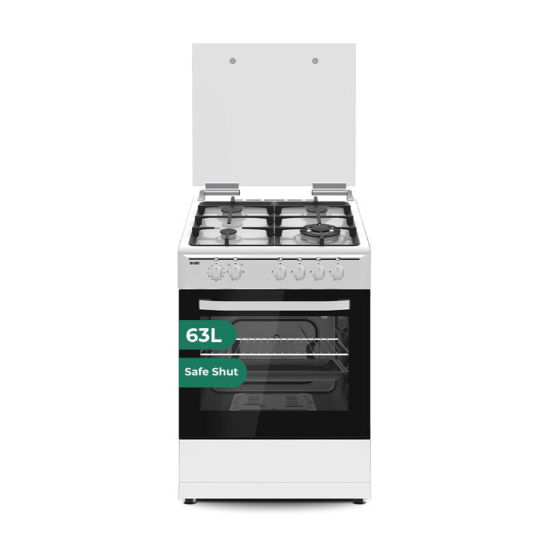 Svan - Cocina de gas butano con horno integrado SKGW4602, 4 quemadores + wok triple llama 59 cm, 63 L, sistema Safe Shut y acabado blanco para cocina estándar