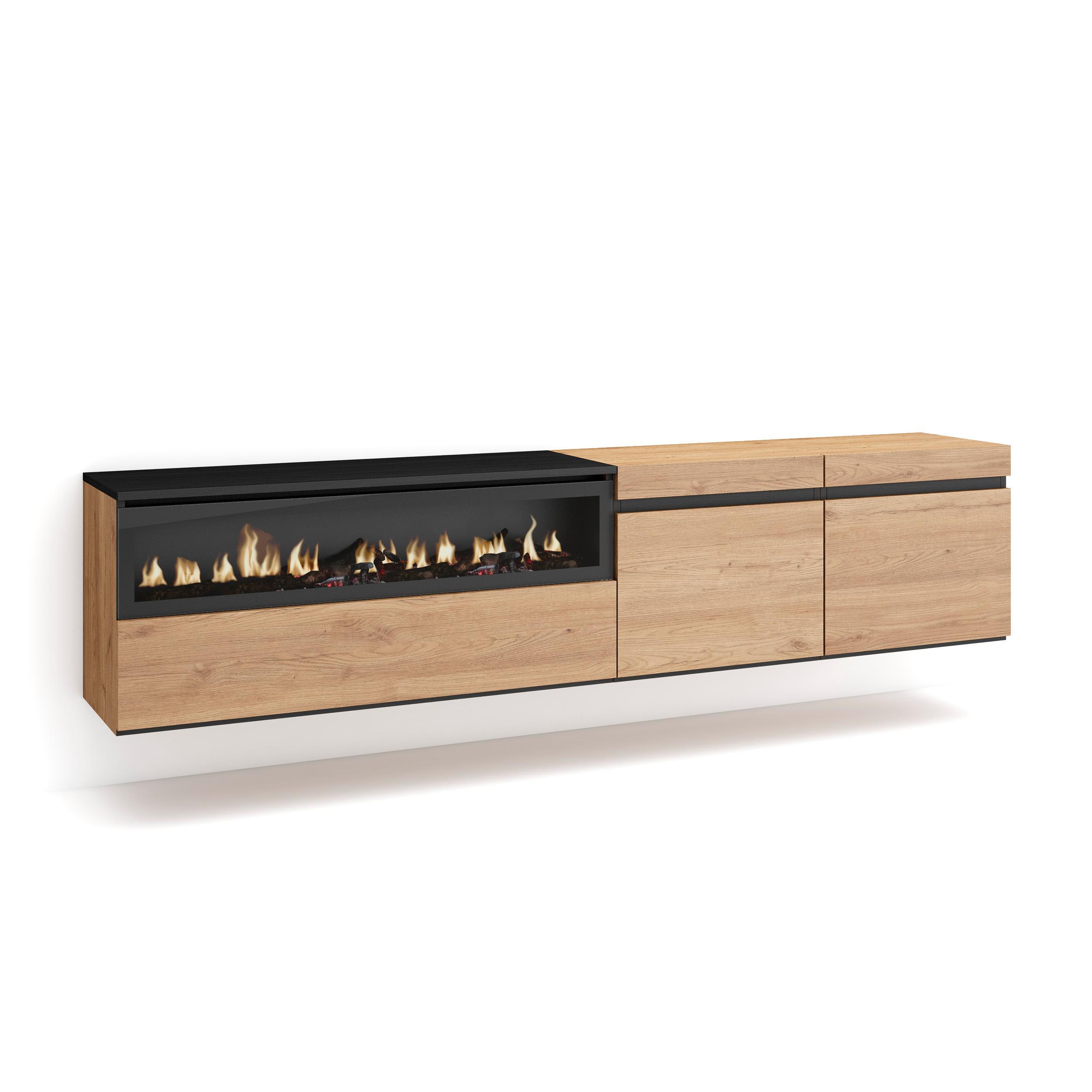 Skraut Home, Mueble de Televisión en melamina de alta calidad, 203x35x45cm, Fuego led efecto 3d